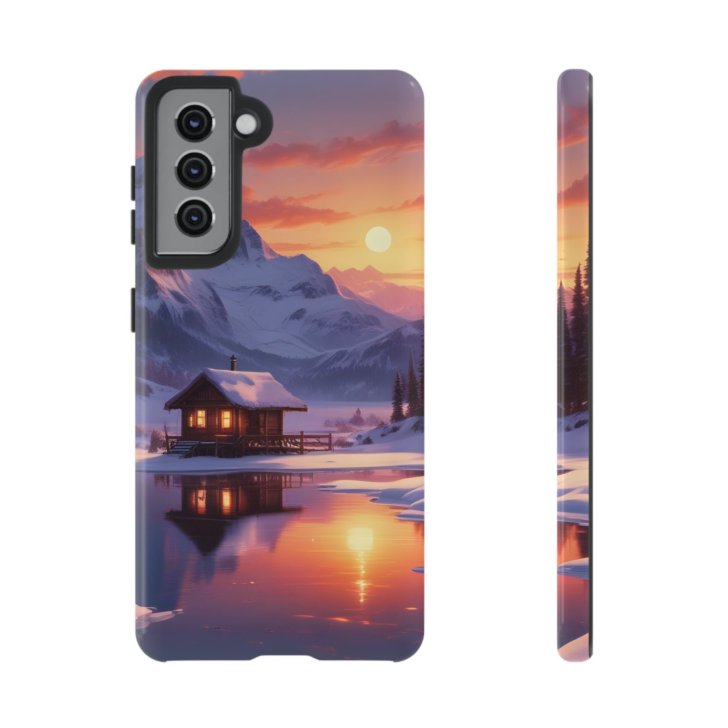 Carcasa para teléfono con diseño de cabaña en la montaña nevada, fundas resistentes para amantes de la naturaleza, cubierta de teléfono con paisaje pintoresco, regalo para excursionistas, accesorio para aventuras al aire libre.