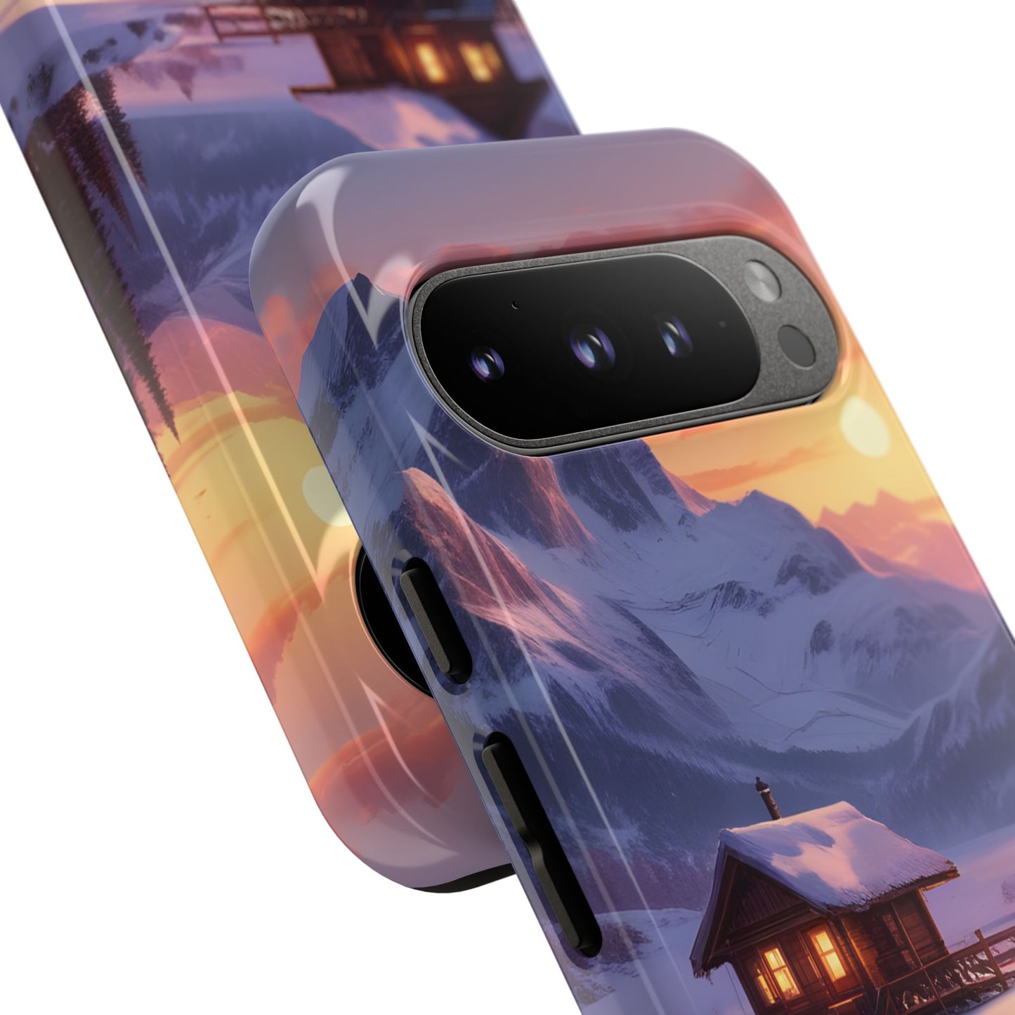 Carcasa para teléfono con diseño de cabaña en la montaña nevada, fundas resistentes para amantes de la naturaleza, cubierta de teléfono con paisaje pintoresco, regalo para excursionistas, accesorio para aventuras al aire libre.