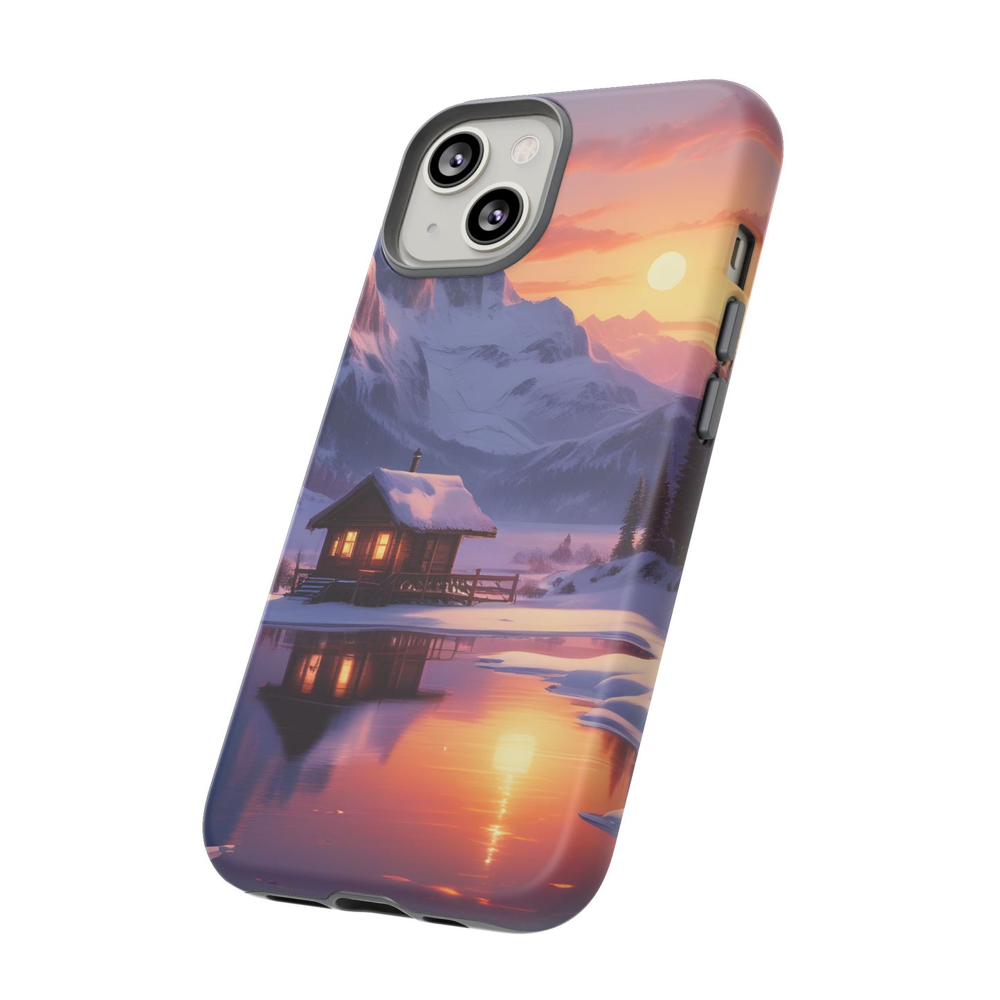 Carcasa para teléfono con diseño de cabaña en la montaña nevada, fundas resistentes para amantes de la naturaleza, cubierta de teléfono con paisaje pintoresco, regalo para excursionistas, accesorio para aventuras al aire libre.