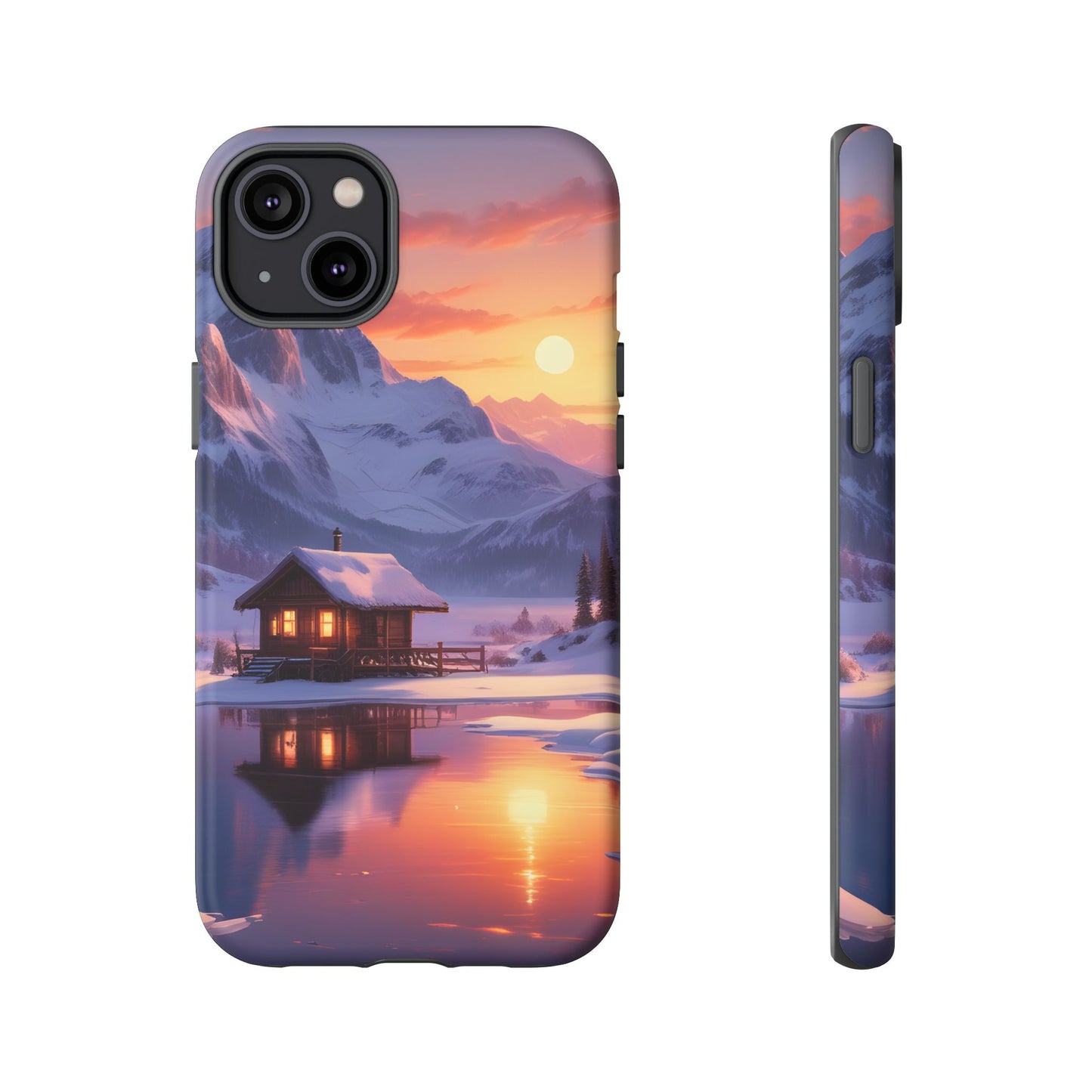 Carcasa para teléfono con diseño de cabaña en la montaña nevada, fundas resistentes para amantes de la naturaleza, cubierta de teléfono con paisaje pintoresco, regalo para excursionistas, accesorio para aventuras al aire libre.