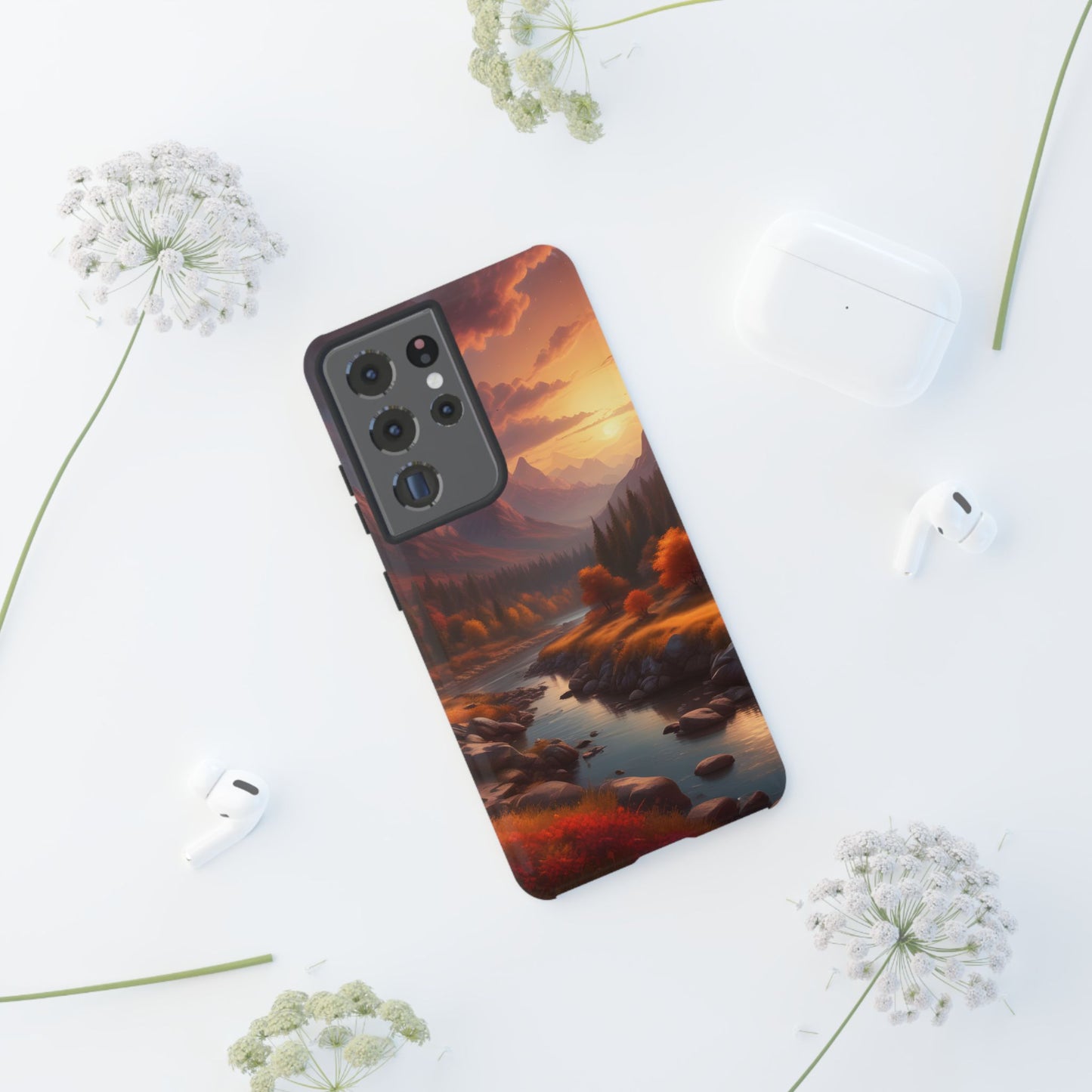 Carcasa para teléfono con diseño de atardecer otoñal en la montaña, regalo para amantes de la naturaleza, funda resistente para teléfono, accesorio para aventuras al aire libre, funda con arte paisajístico.