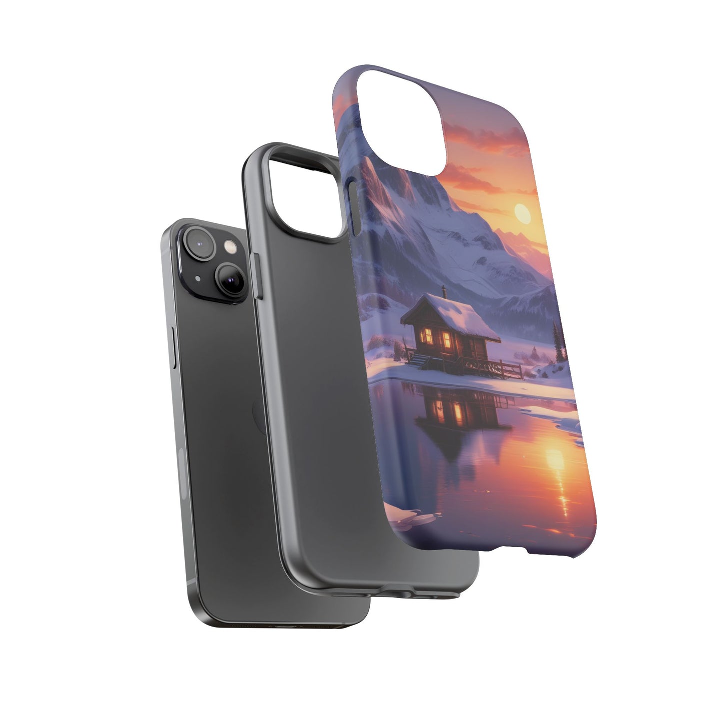 Carcasa para teléfono con diseño de cabaña en la montaña nevada, fundas resistentes para amantes de la naturaleza, cubierta de teléfono con paisaje pintoresco, regalo para excursionistas, accesorio para aventuras al aire libre.