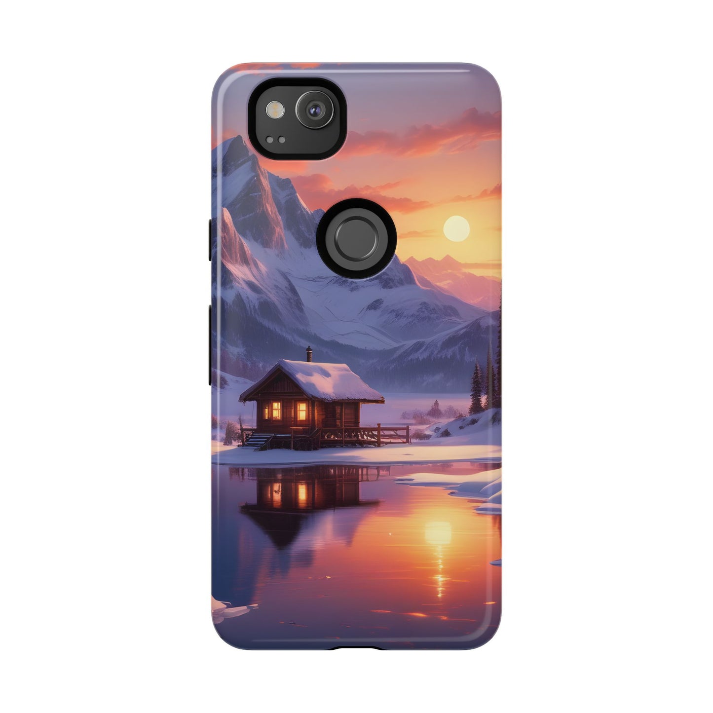 Carcasa para teléfono con diseño de cabaña en la montaña nevada, fundas resistentes para amantes de la naturaleza, cubierta de teléfono con paisaje pintoresco, regalo para excursionistas, accesorio para aventuras al aire libre.