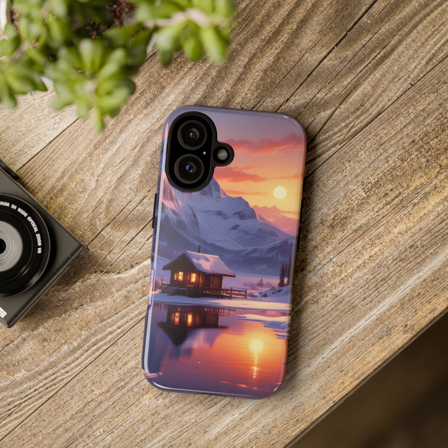 Carcasa para teléfono con diseño de cabaña en la montaña nevada, fundas resistentes para amantes de la naturaleza, cubierta de teléfono con paisaje pintoresco, regalo para excursionistas, accesorio para aventuras al aire libre.