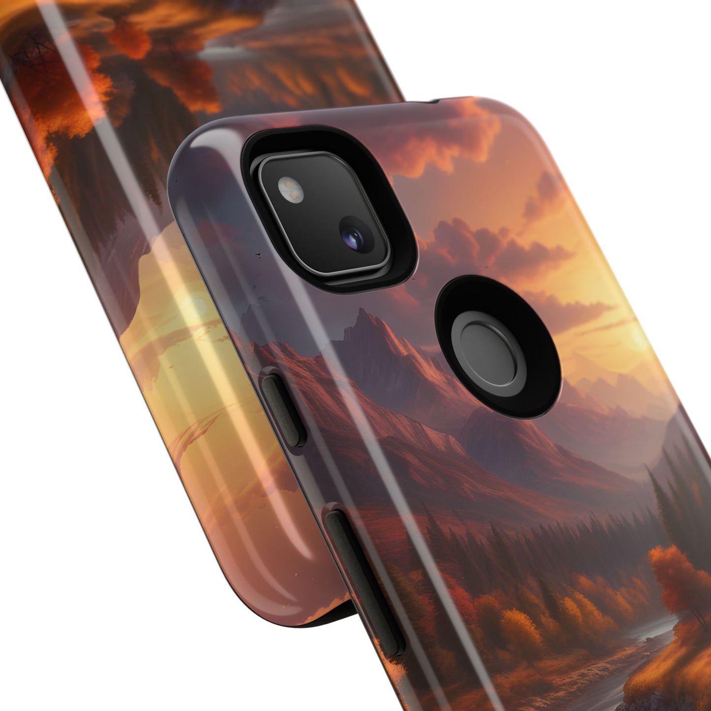 Carcasa para teléfono con diseño de atardecer otoñal en la montaña, regalo para amantes de la naturaleza, funda resistente para teléfono, accesorio para aventuras al aire libre, funda con arte paisajístico.