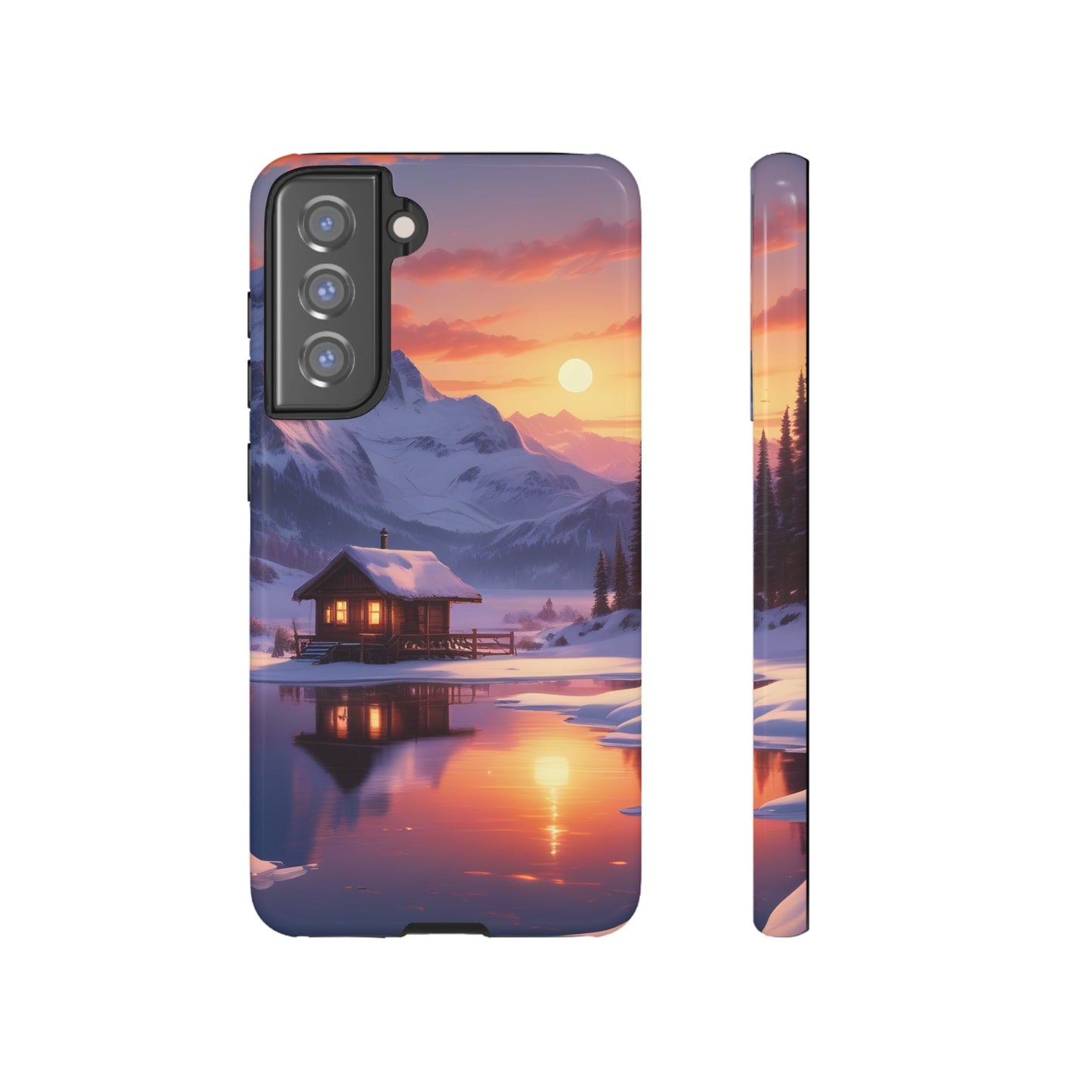 Carcasa para teléfono con diseño de cabaña en la montaña nevada, fundas resistentes para amantes de la naturaleza, cubierta de teléfono con paisaje pintoresco, regalo para excursionistas, accesorio para aventuras al aire libre.