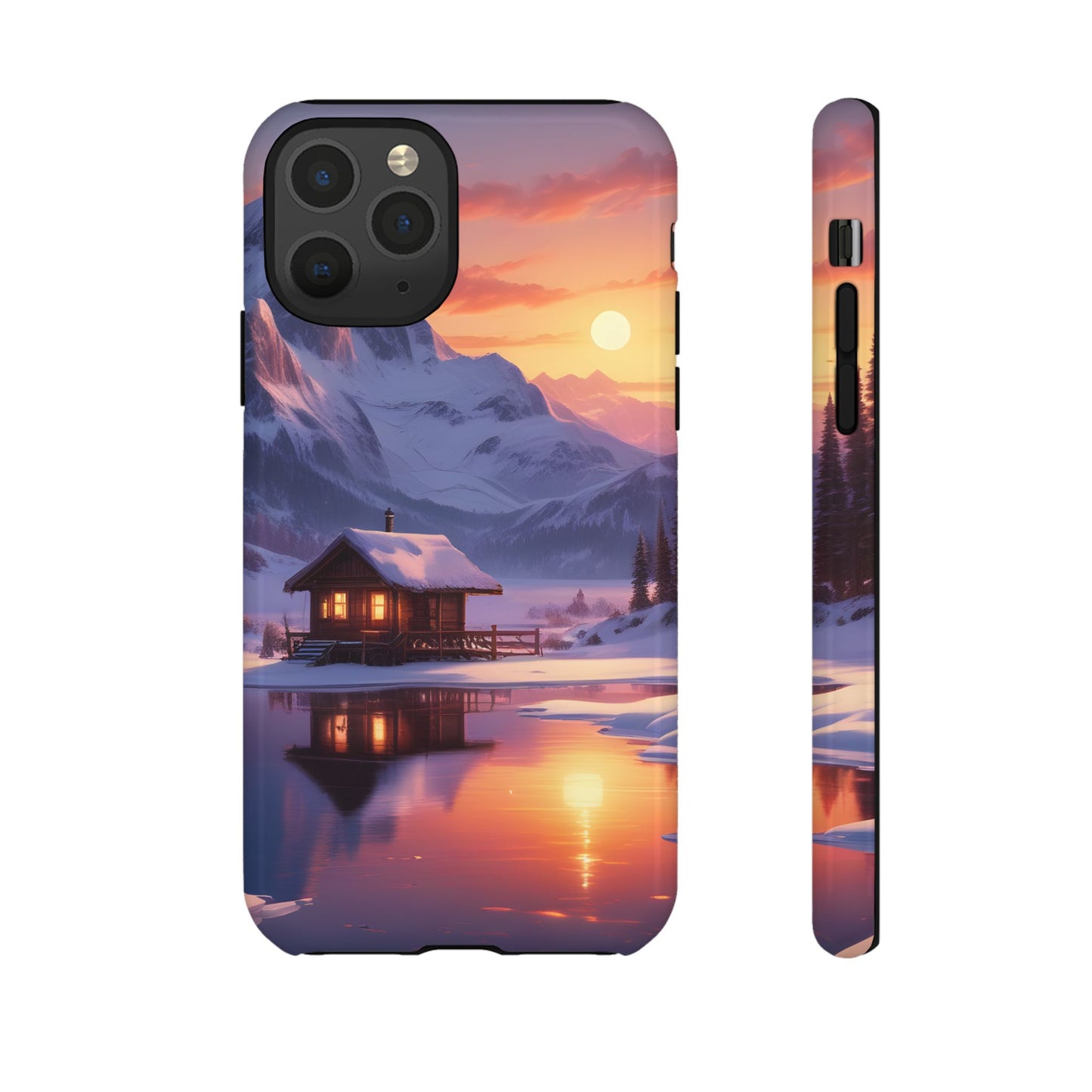 Carcasa para teléfono con diseño de cabaña en la montaña nevada, fundas resistentes para amantes de la naturaleza, cubierta de teléfono con paisaje pintoresco, regalo para excursionistas, accesorio para aventuras al aire libre.