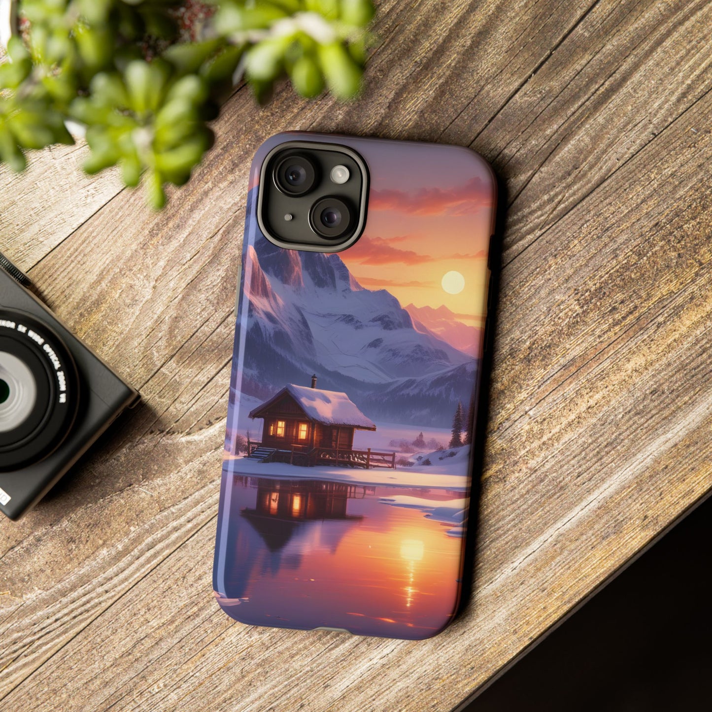 Carcasa para teléfono con diseño de cabaña en la montaña nevada, fundas resistentes para amantes de la naturaleza, cubierta de teléfono con paisaje pintoresco, regalo para excursionistas, accesorio para aventuras al aire libre.