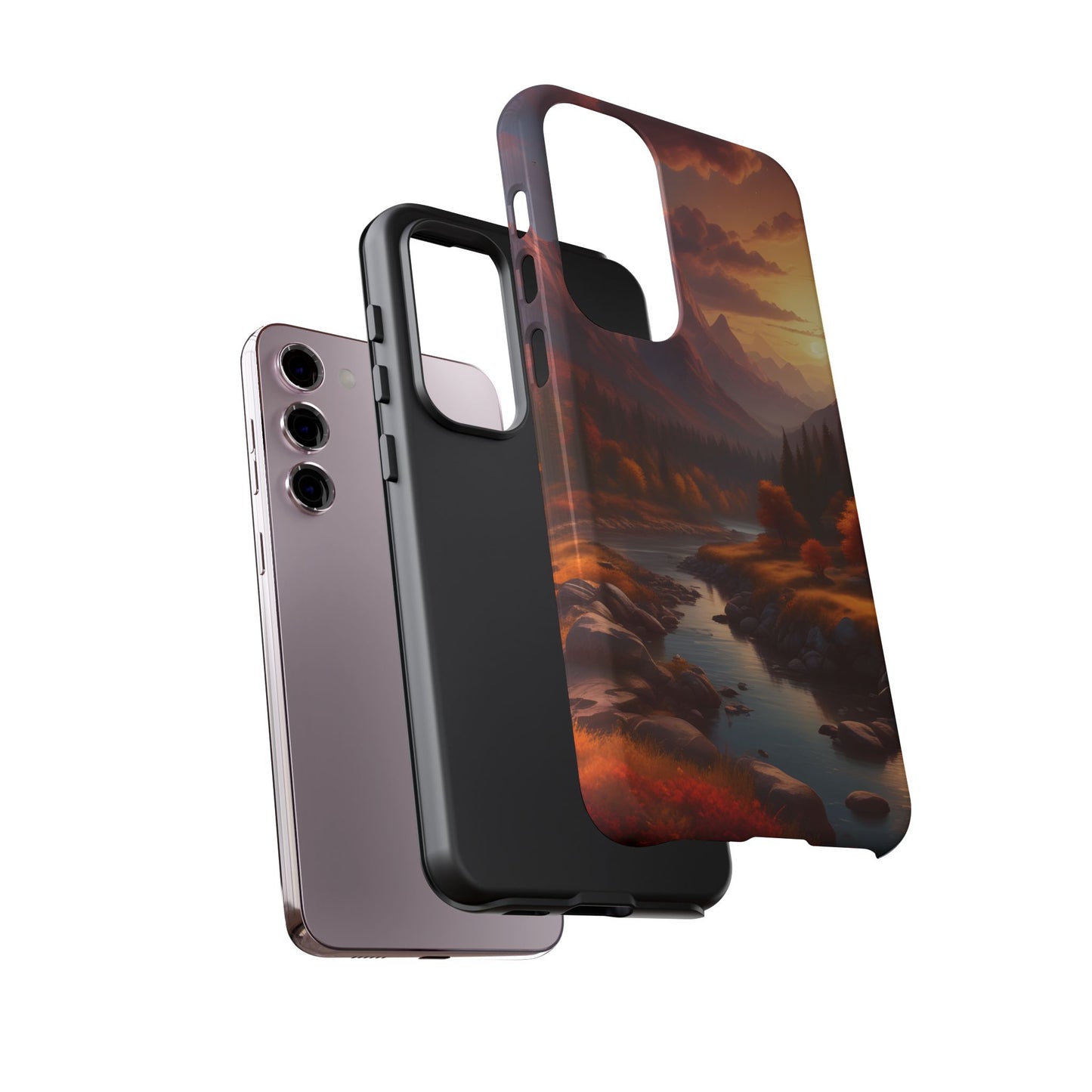 Carcasa para teléfono con diseño de atardecer otoñal en la montaña, regalo para amantes de la naturaleza, funda resistente para teléfono, accesorio para aventuras al aire libre, funda con arte paisajístico.