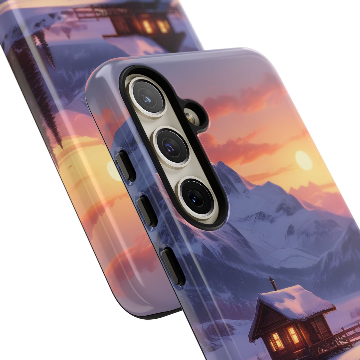 Carcasa para teléfono con diseño de cabaña en la montaña nevada, fundas resistentes para amantes de la naturaleza, cubierta de teléfono con paisaje pintoresco, regalo para excursionistas, accesorio para aventuras al aire libre.