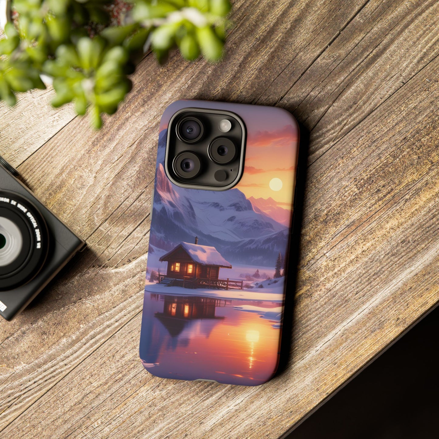 Carcasa para teléfono con diseño de cabaña en la montaña nevada, fundas resistentes para amantes de la naturaleza, cubierta de teléfono con paisaje pintoresco, regalo para excursionistas, accesorio para aventuras al aire libre.
