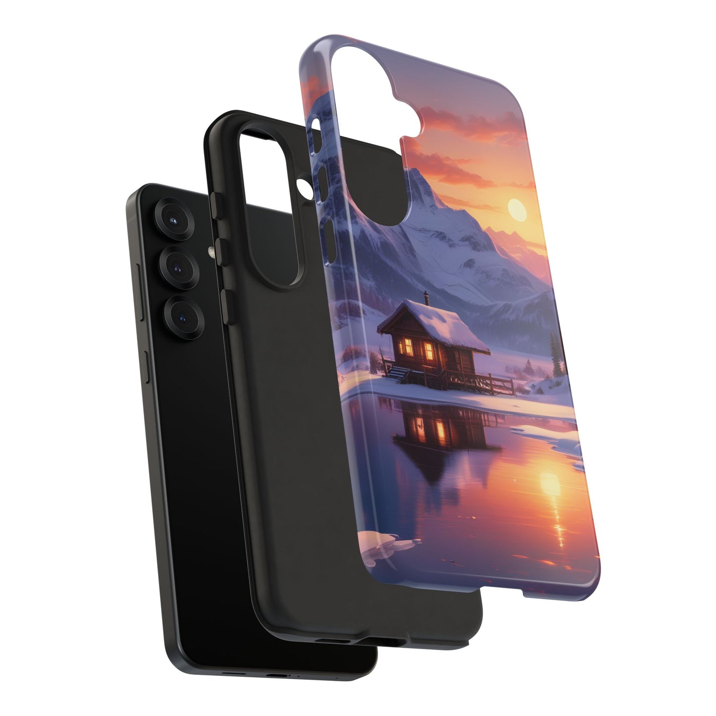 Carcasa para teléfono con diseño de cabaña en la montaña nevada, fundas resistentes para amantes de la naturaleza, cubierta de teléfono con paisaje pintoresco, regalo para excursionistas, accesorio para aventuras al aire libre.
