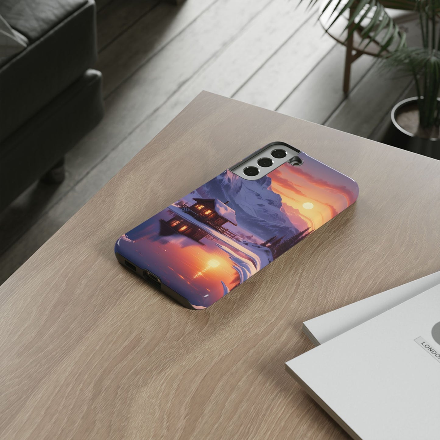 Carcasa para teléfono con diseño de cabaña en la montaña nevada, fundas resistentes para amantes de la naturaleza, cubierta de teléfono con paisaje pintoresco, regalo para excursionistas, accesorio para aventuras al aire libre.