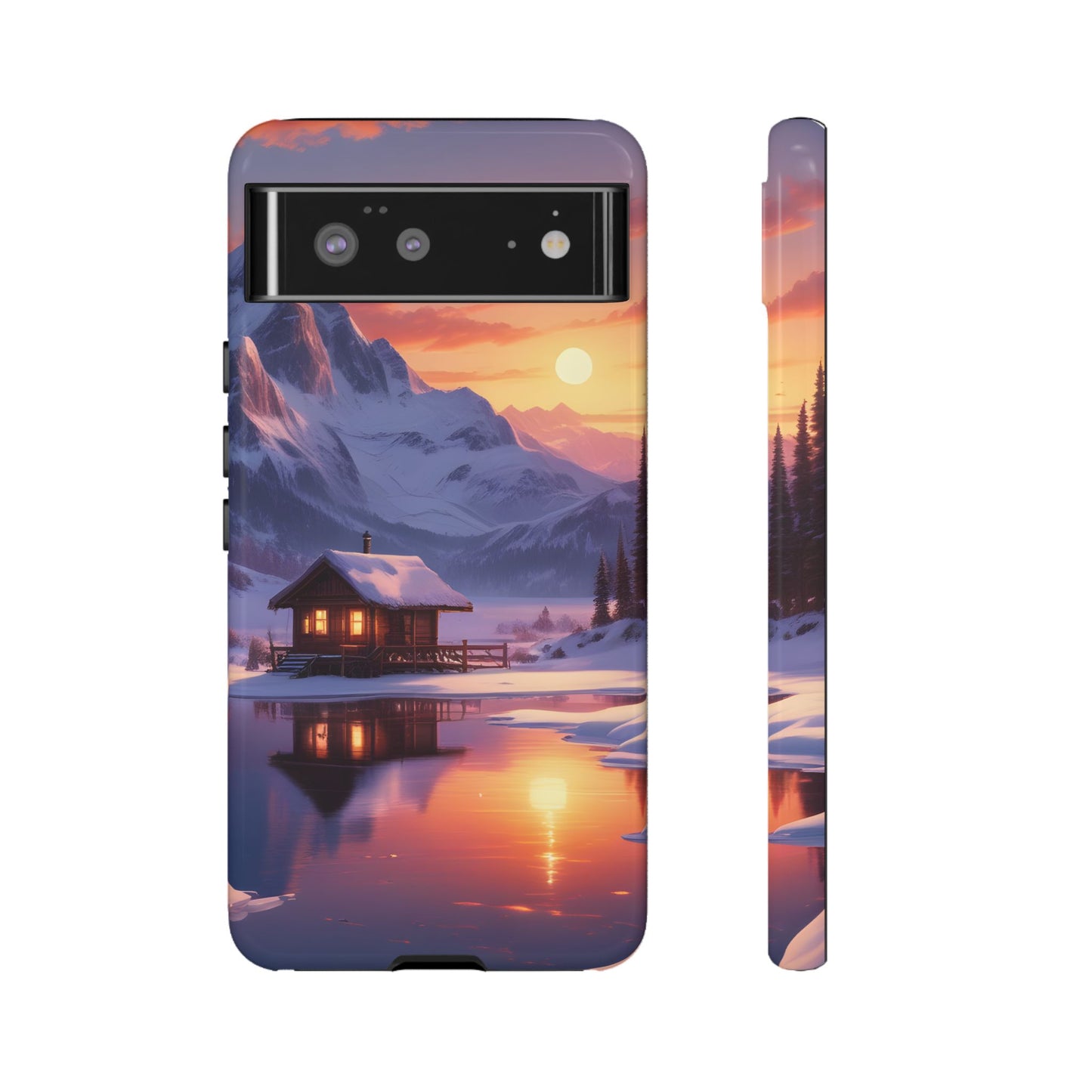 Carcasa para teléfono con diseño de cabaña en la montaña nevada, fundas resistentes para amantes de la naturaleza, cubierta de teléfono con paisaje pintoresco, regalo para excursionistas, accesorio para aventuras al aire libre.