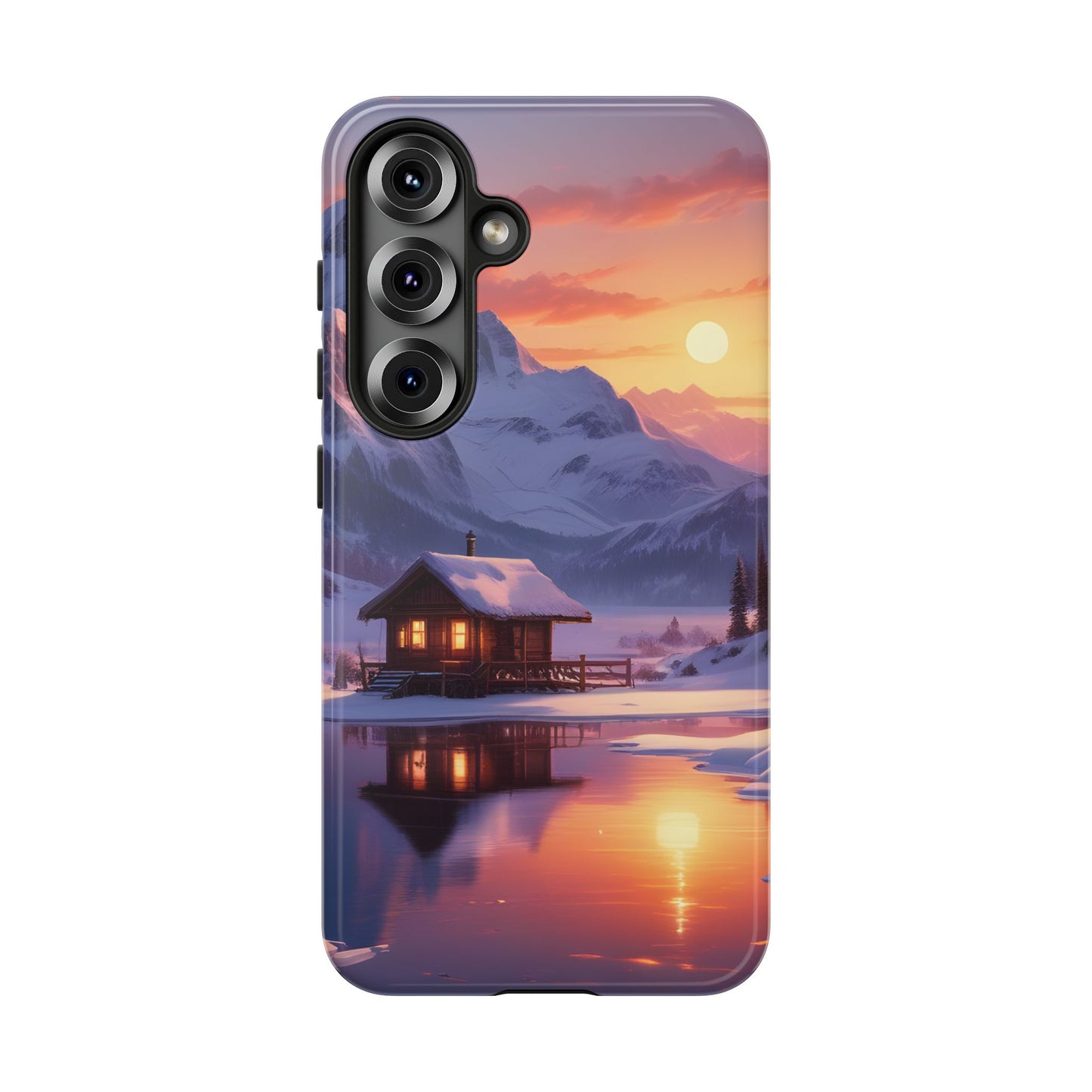 Carcasa para teléfono con diseño de cabaña en la montaña nevada, fundas resistentes para amantes de la naturaleza, cubierta de teléfono con paisaje pintoresco, regalo para excursionistas, accesorio para aventuras al aire libre.