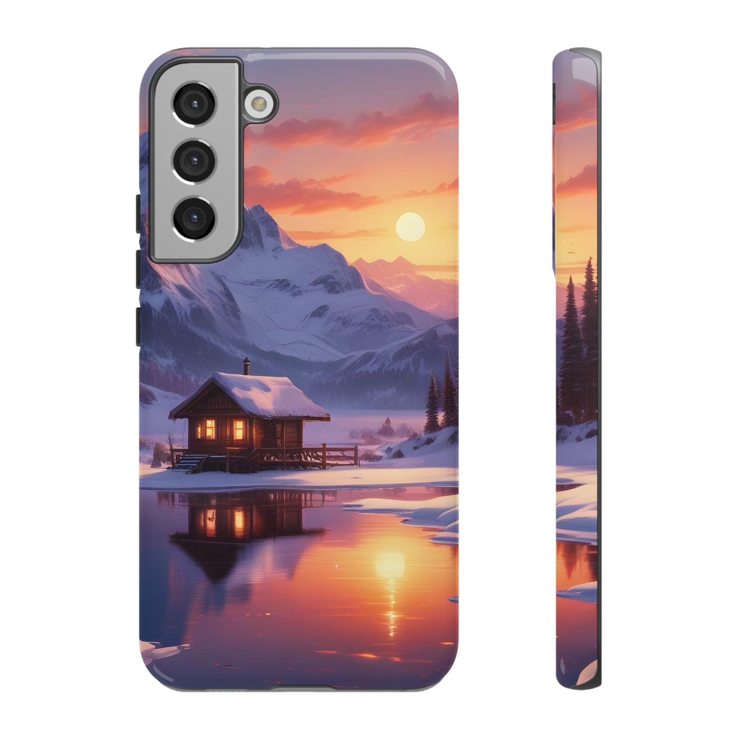 Carcasa para teléfono con diseño de cabaña en la montaña nevada, fundas resistentes para amantes de la naturaleza, cubierta de teléfono con paisaje pintoresco, regalo para excursionistas, accesorio para aventuras al aire libre.