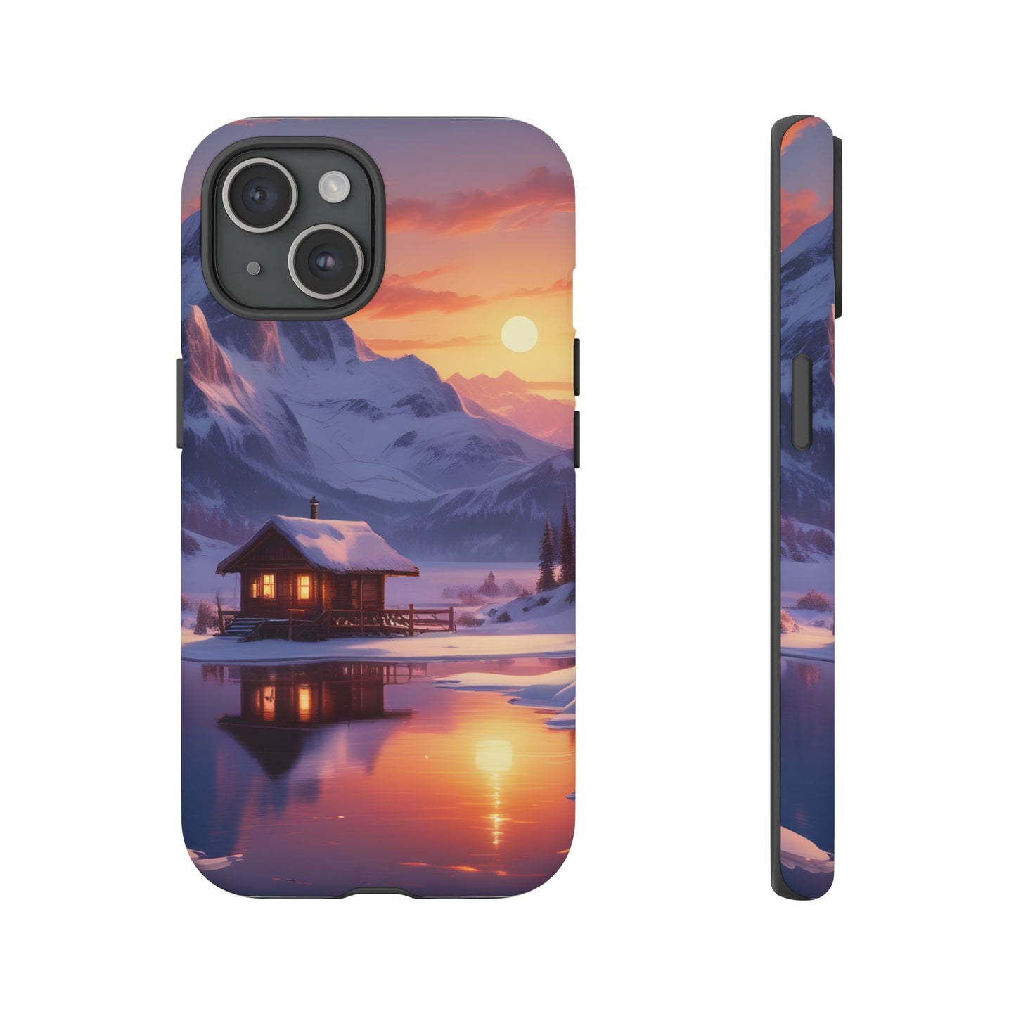 Carcasa para teléfono con diseño de cabaña en la montaña nevada, fundas resistentes para amantes de la naturaleza, cubierta de teléfono con paisaje pintoresco, regalo para excursionistas, accesorio para aventuras al aire libre.