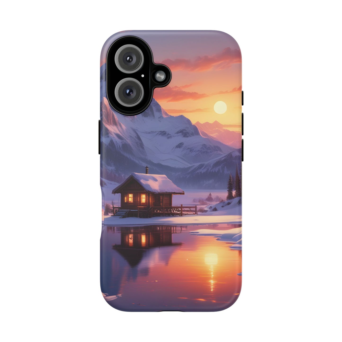 Carcasa para teléfono con diseño de cabaña en la montaña nevada, fundas resistentes para amantes de la naturaleza, cubierta de teléfono con paisaje pintoresco, regalo para excursionistas, accesorio para aventuras al aire libre.