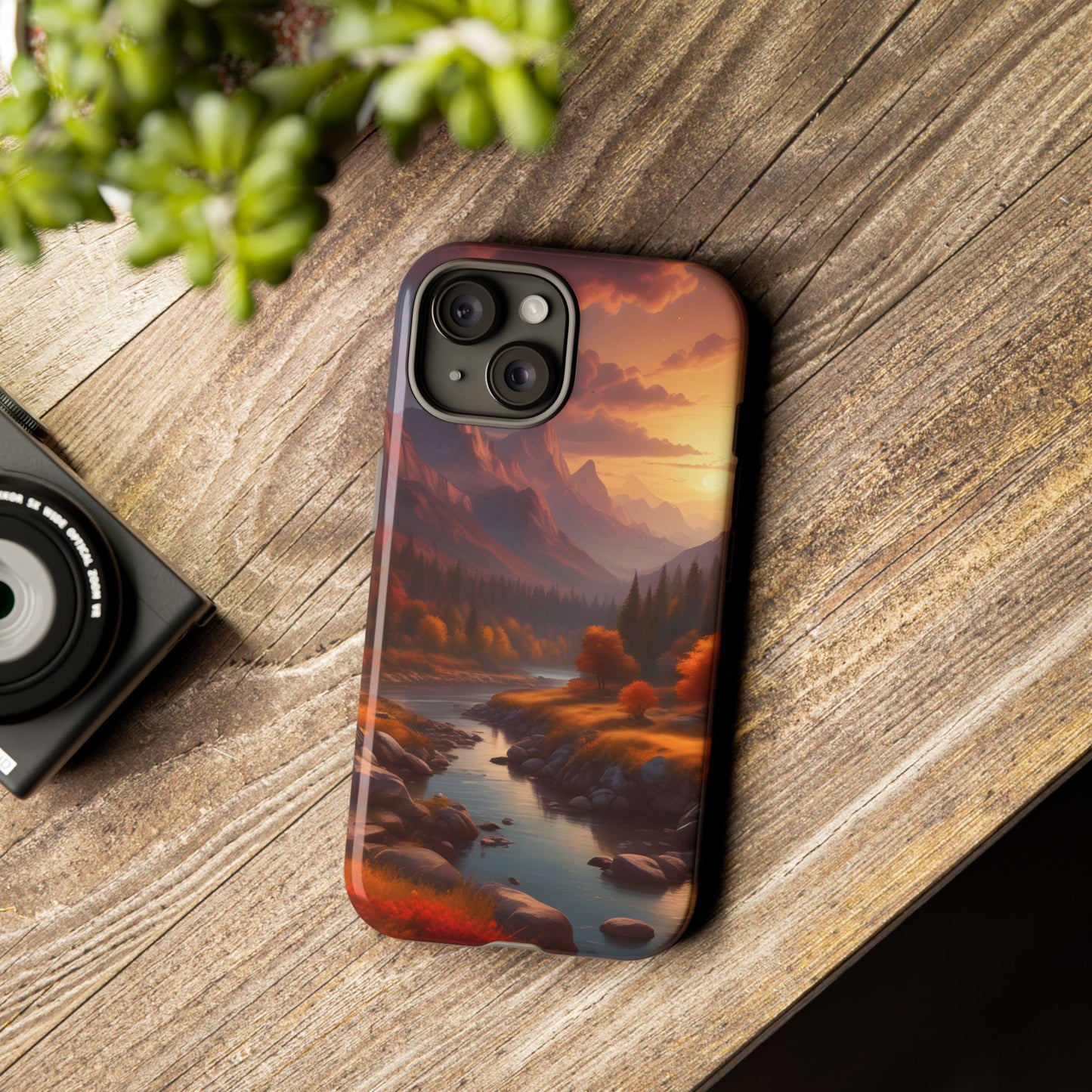 Carcasa para teléfono con diseño de atardecer otoñal en la montaña, regalo para amantes de la naturaleza, funda resistente para teléfono, accesorio para aventuras al aire libre, funda con arte paisajístico.