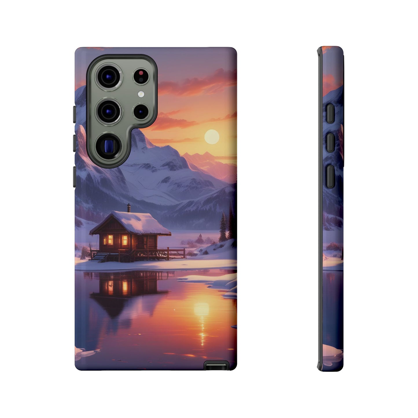 Carcasa para teléfono con diseño de cabaña en la montaña nevada, fundas resistentes para amantes de la naturaleza, cubierta de teléfono con paisaje pintoresco, regalo para excursionistas, accesorio para aventuras al aire libre.