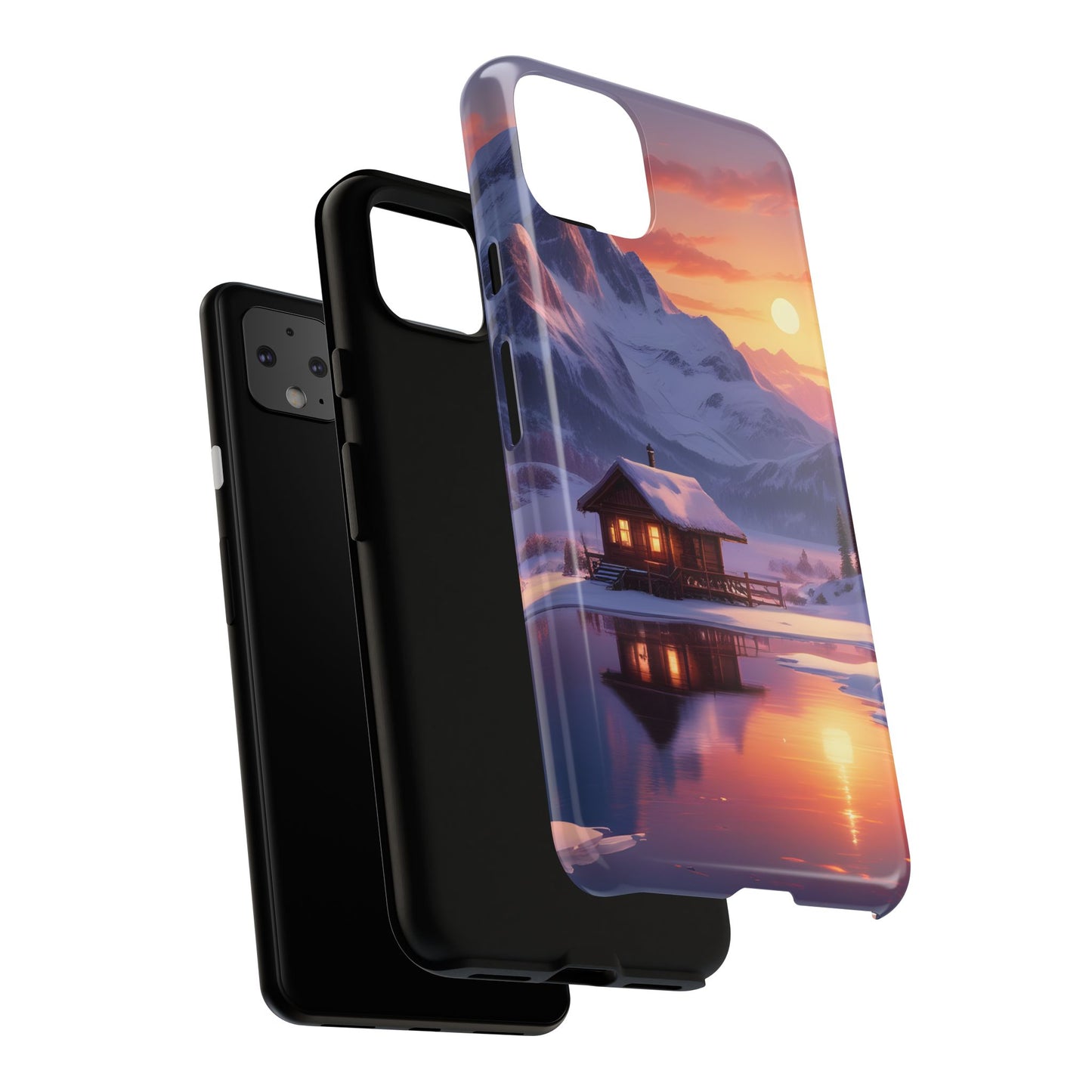 Carcasa para teléfono con diseño de cabaña en la montaña nevada, fundas resistentes para amantes de la naturaleza, cubierta de teléfono con paisaje pintoresco, regalo para excursionistas, accesorio para aventuras al aire libre.