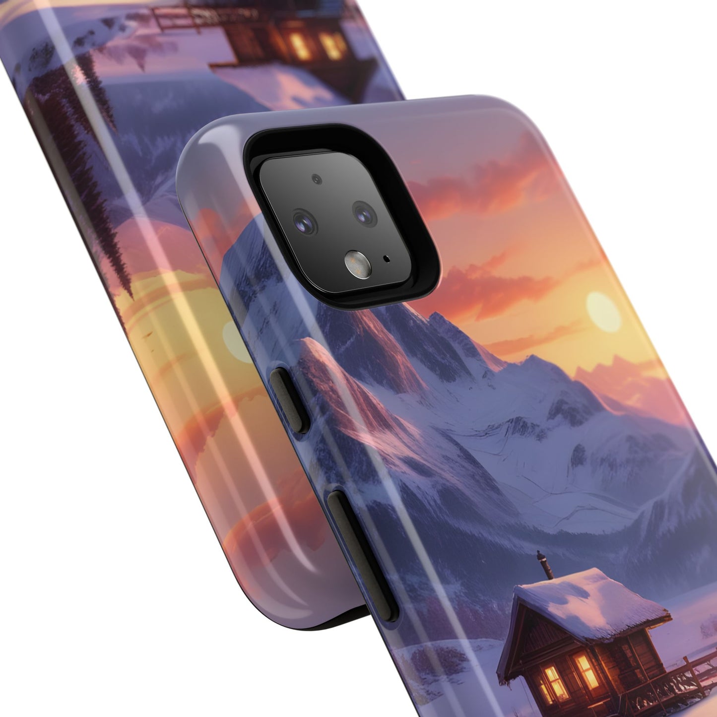 Carcasa para teléfono con diseño de cabaña en la montaña nevada, fundas resistentes para amantes de la naturaleza, cubierta de teléfono con paisaje pintoresco, regalo para excursionistas, accesorio para aventuras al aire libre.