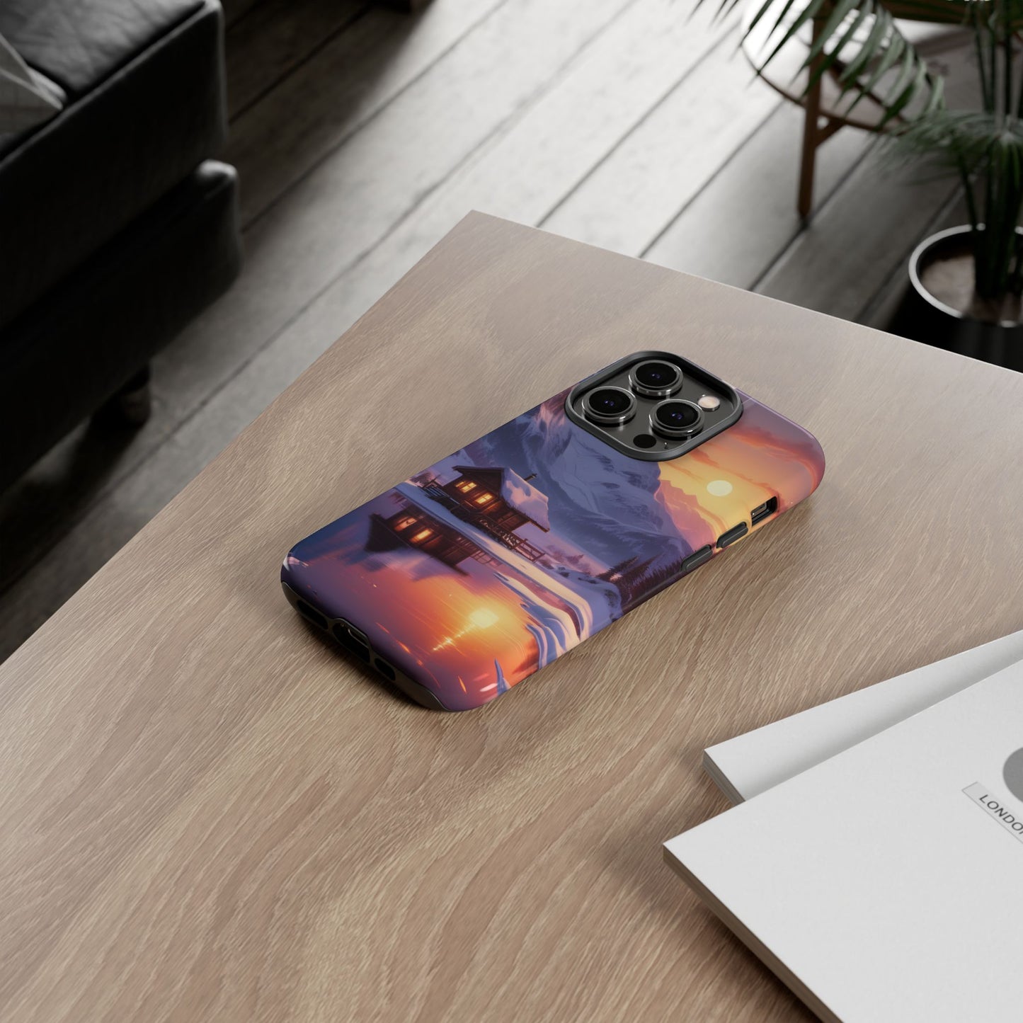 Carcasa para teléfono con diseño de cabaña en la montaña nevada, fundas resistentes para amantes de la naturaleza, cubierta de teléfono con paisaje pintoresco, regalo para excursionistas, accesorio para aventuras al aire libre.