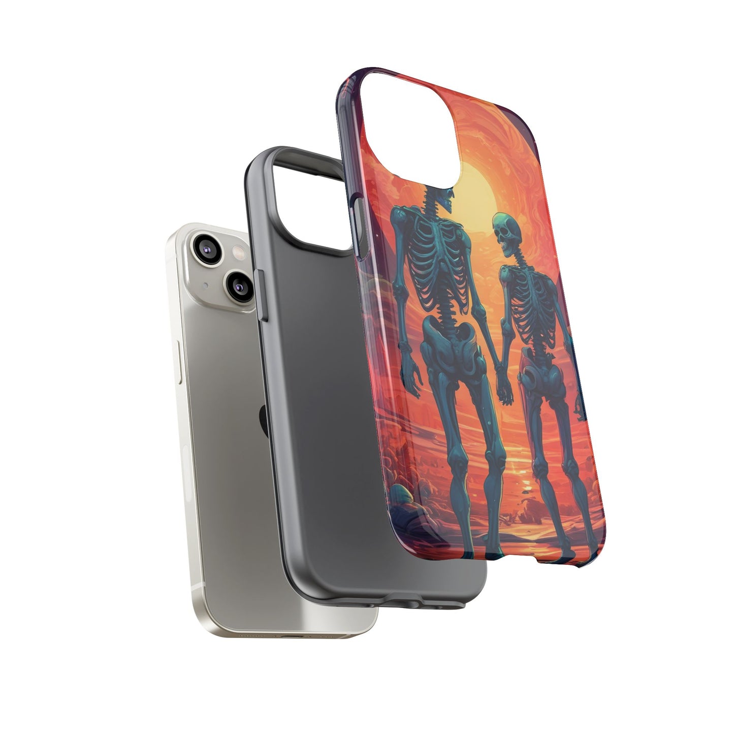 Carcasa de teléfono con esqueletos románticos, funda resistente para teléfono, accesorio de Halloween, regalo único, funda de teléfono para parejas, estética espeluznante.
