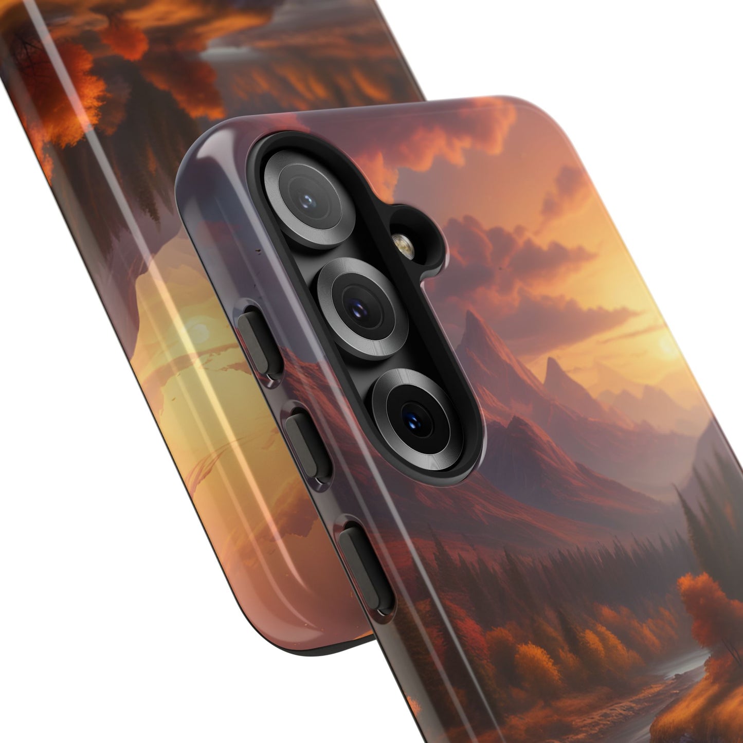 Carcasa para teléfono con diseño de atardecer otoñal en la montaña, regalo para amantes de la naturaleza, funda resistente para teléfono, accesorio para aventuras al aire libre, funda con arte paisajístico.