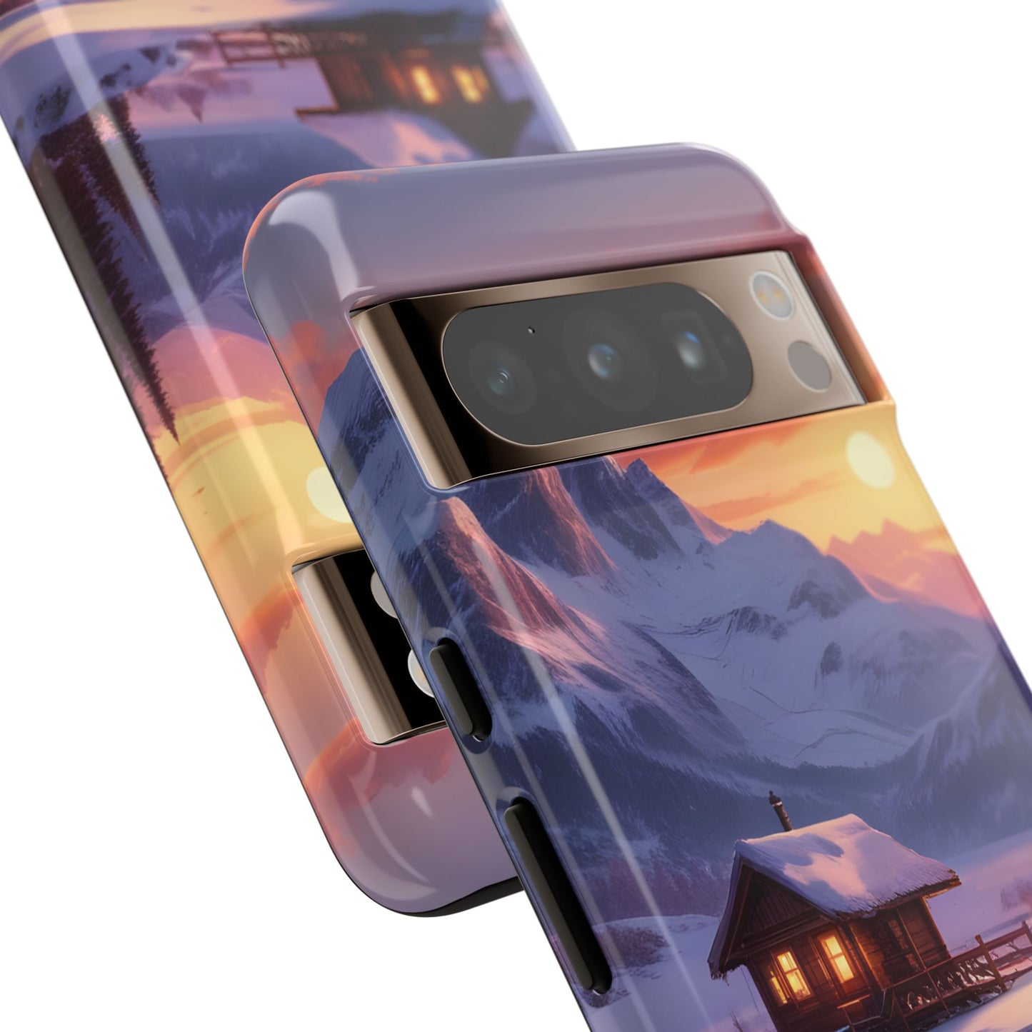 Carcasa para teléfono con diseño de cabaña en la montaña nevada, fundas resistentes para amantes de la naturaleza, cubierta de teléfono con paisaje pintoresco, regalo para excursionistas, accesorio para aventuras al aire libre.