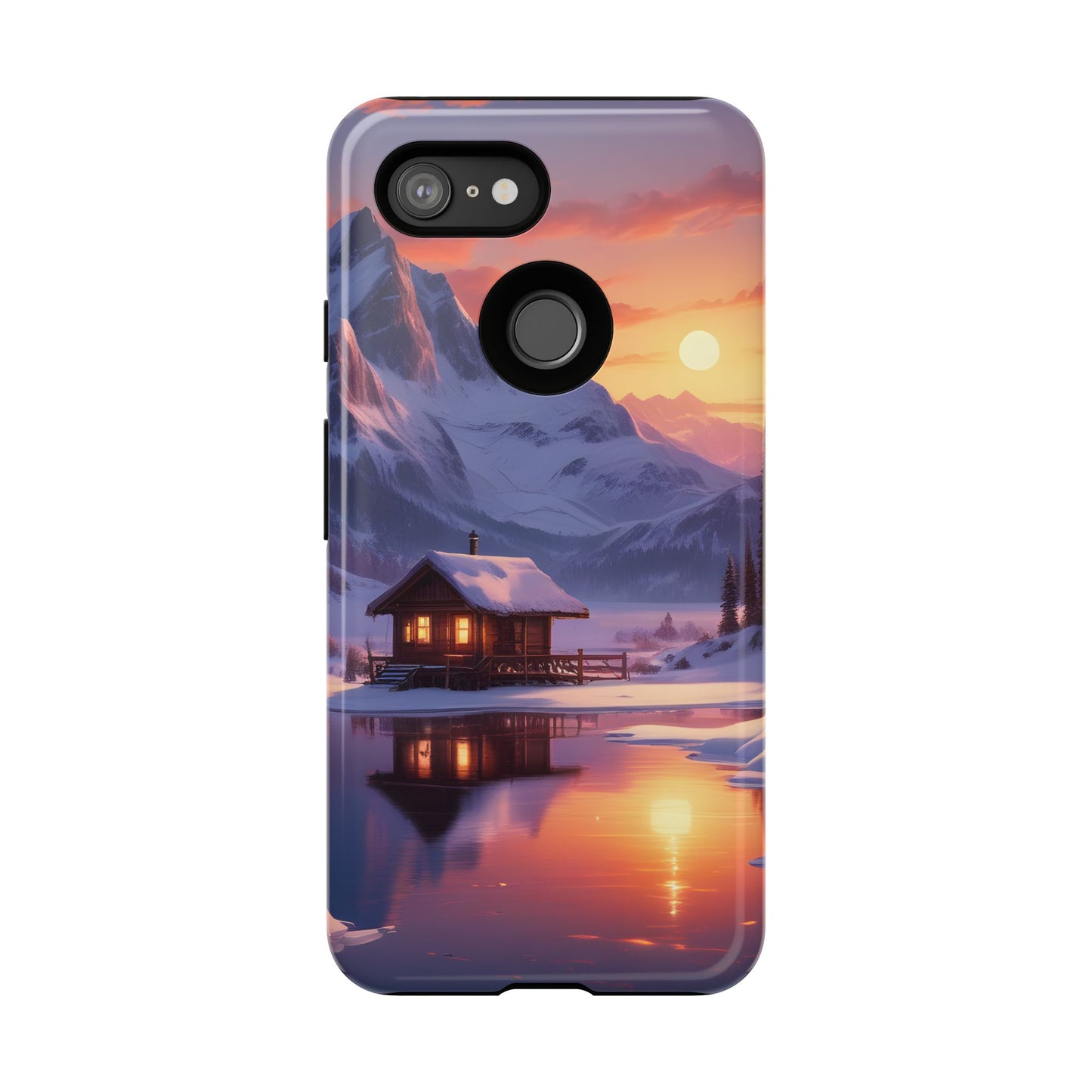 Carcasa para teléfono con diseño de cabaña en la montaña nevada, fundas resistentes para amantes de la naturaleza, cubierta de teléfono con paisaje pintoresco, regalo para excursionistas, accesorio para aventuras al aire libre.