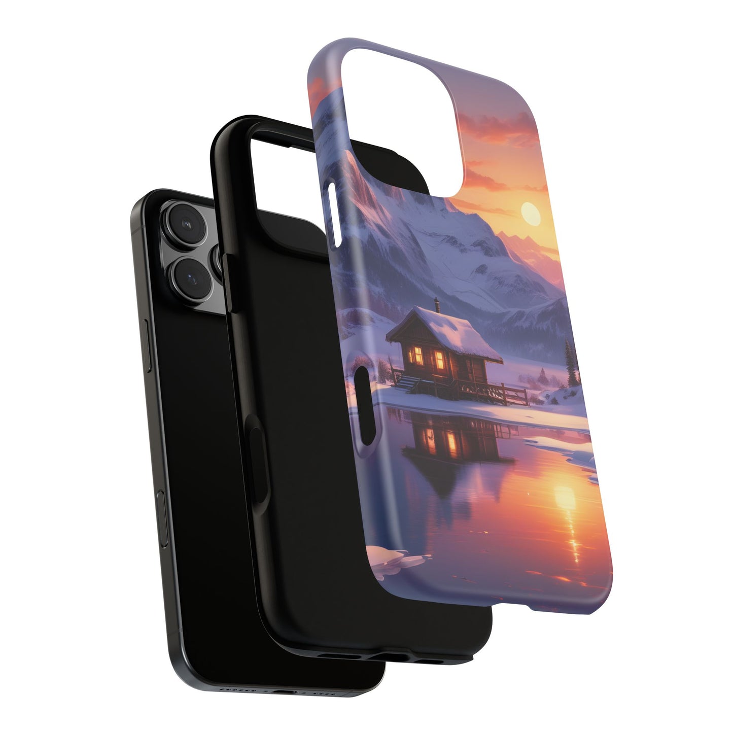 Carcasa para teléfono con diseño de cabaña en la montaña nevada, fundas resistentes para amantes de la naturaleza, cubierta de teléfono con paisaje pintoresco, regalo para excursionistas, accesorio para aventuras al aire libre.