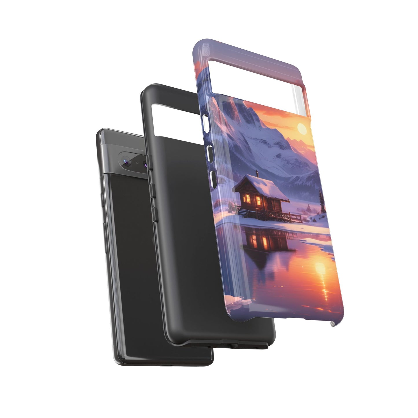 Carcasa para teléfono con diseño de cabaña en la montaña nevada, fundas resistentes para amantes de la naturaleza, cubierta de teléfono con paisaje pintoresco, regalo para excursionistas, accesorio para aventuras al aire libre.