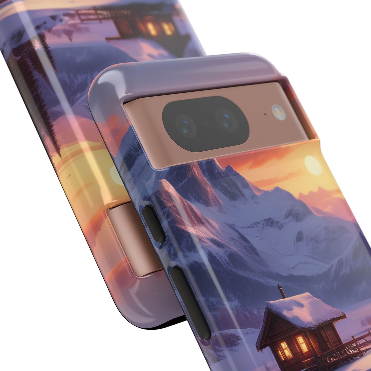 Carcasa para teléfono con diseño de cabaña en la montaña nevada, fundas resistentes para amantes de la naturaleza, cubierta de teléfono con paisaje pintoresco, regalo para excursionistas, accesorio para aventuras al aire libre.