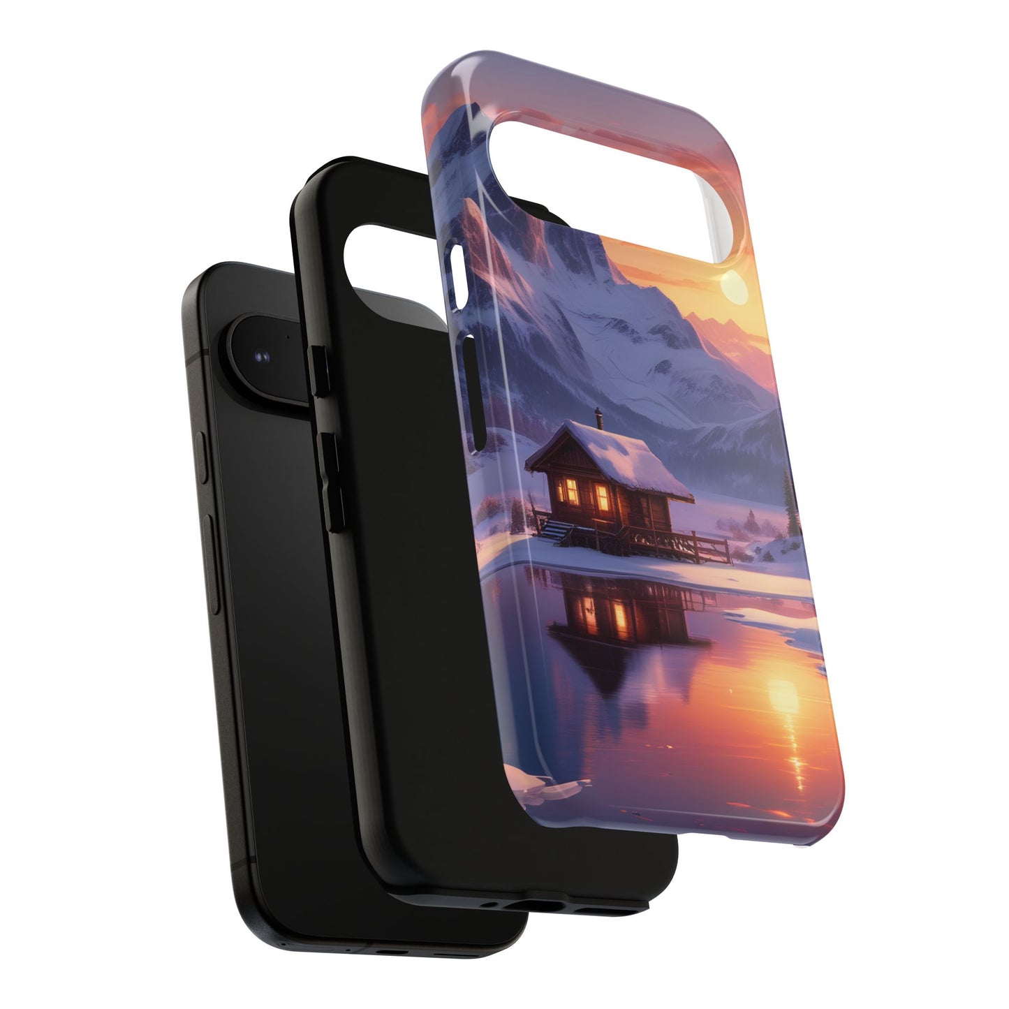 Carcasa para teléfono con diseño de cabaña en la montaña nevada, fundas resistentes para amantes de la naturaleza, cubierta de teléfono con paisaje pintoresco, regalo para excursionistas, accesorio para aventuras al aire libre.
