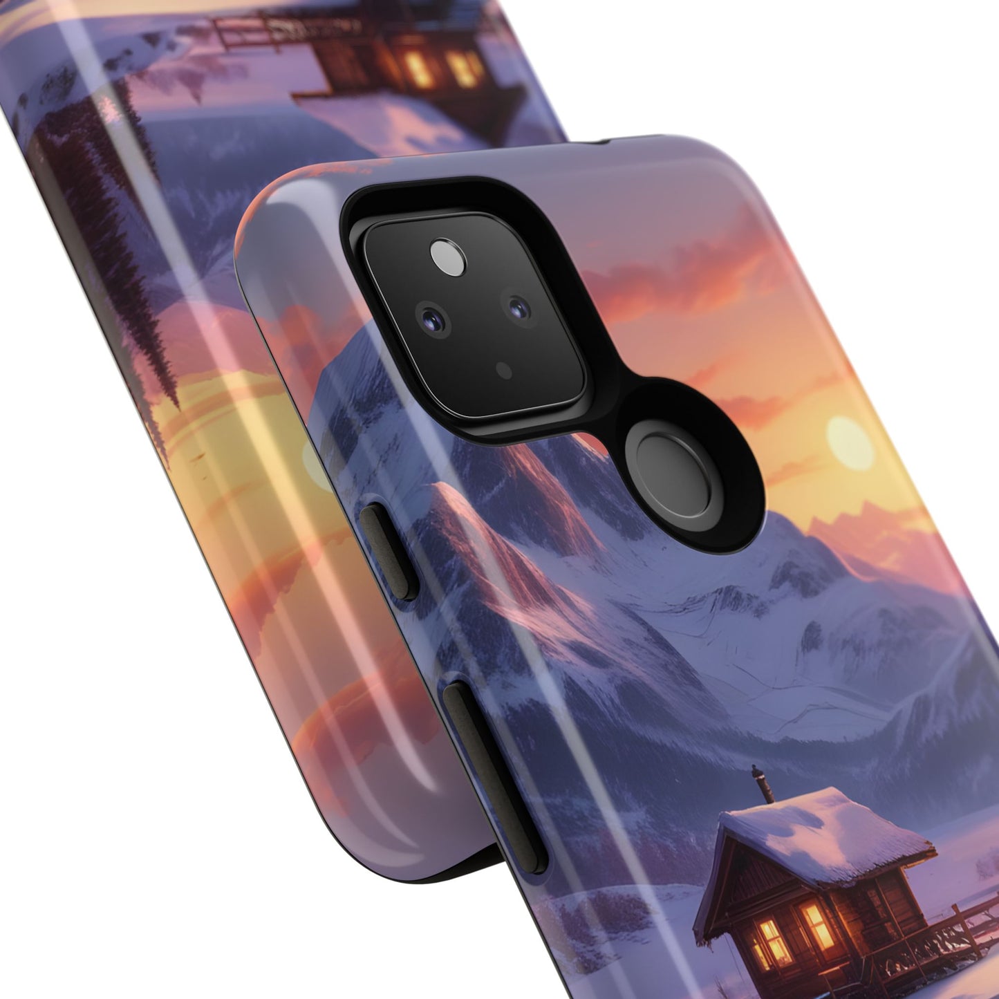 Carcasa para teléfono con diseño de cabaña en la montaña nevada, fundas resistentes para amantes de la naturaleza, cubierta de teléfono con paisaje pintoresco, regalo para excursionistas, accesorio para aventuras al aire libre.