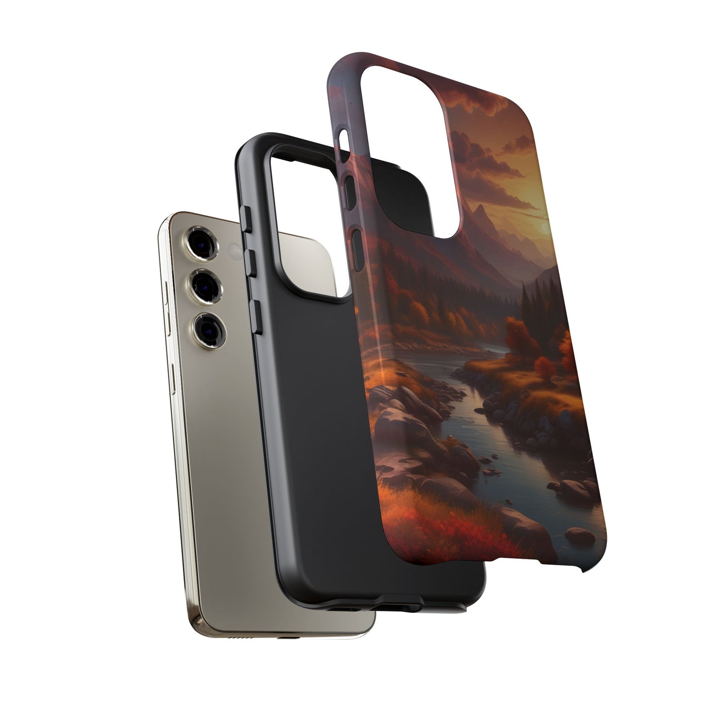 Carcasa para teléfono con diseño de atardecer otoñal en la montaña, regalo para amantes de la naturaleza, funda resistente para teléfono, accesorio para aventuras al aire libre, funda con arte paisajístico.