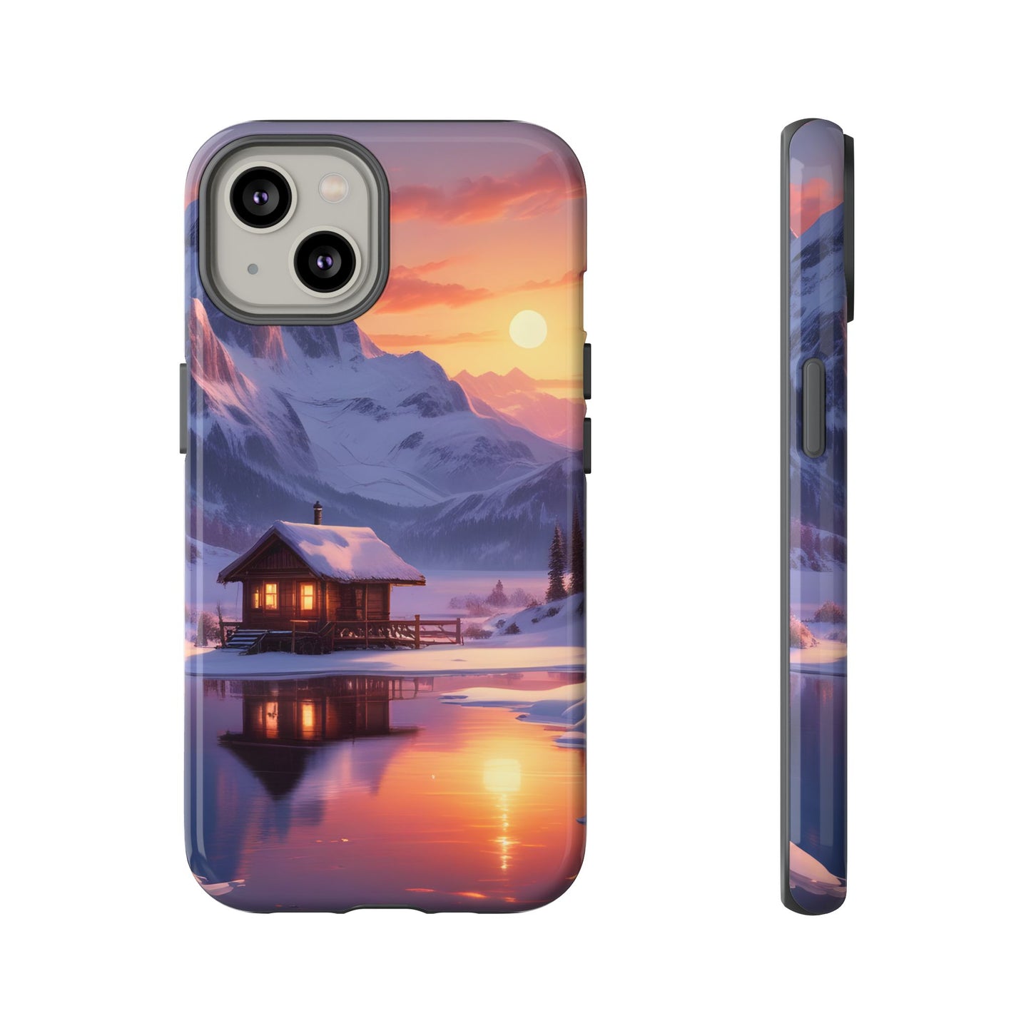 Carcasa para teléfono con diseño de cabaña en la montaña nevada, fundas resistentes para amantes de la naturaleza, cubierta de teléfono con paisaje pintoresco, regalo para excursionistas, accesorio para aventuras al aire libre.