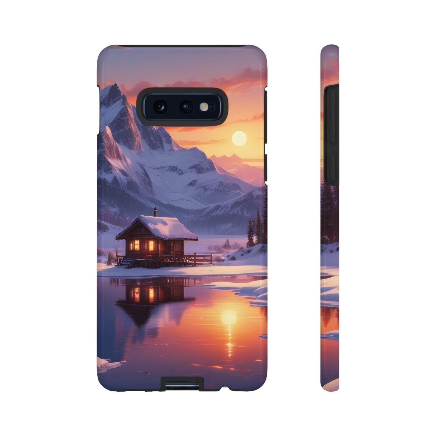 Carcasa para teléfono con diseño de cabaña en la montaña nevada, fundas resistentes para amantes de la naturaleza, cubierta de teléfono con paisaje pintoresco, regalo para excursionistas, accesorio para aventuras al aire libre.