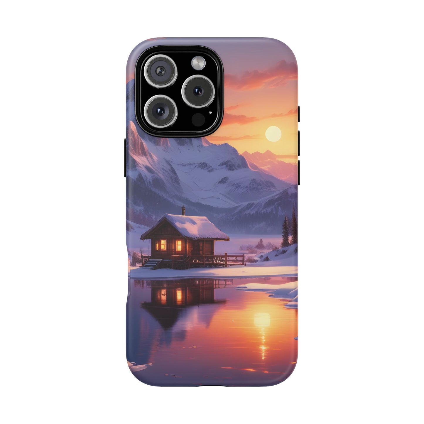 Carcasa para teléfono con diseño de cabaña en la montaña nevada, fundas resistentes para amantes de la naturaleza, cubierta de teléfono con paisaje pintoresco, regalo para excursionistas, accesorio para aventuras al aire libre.
