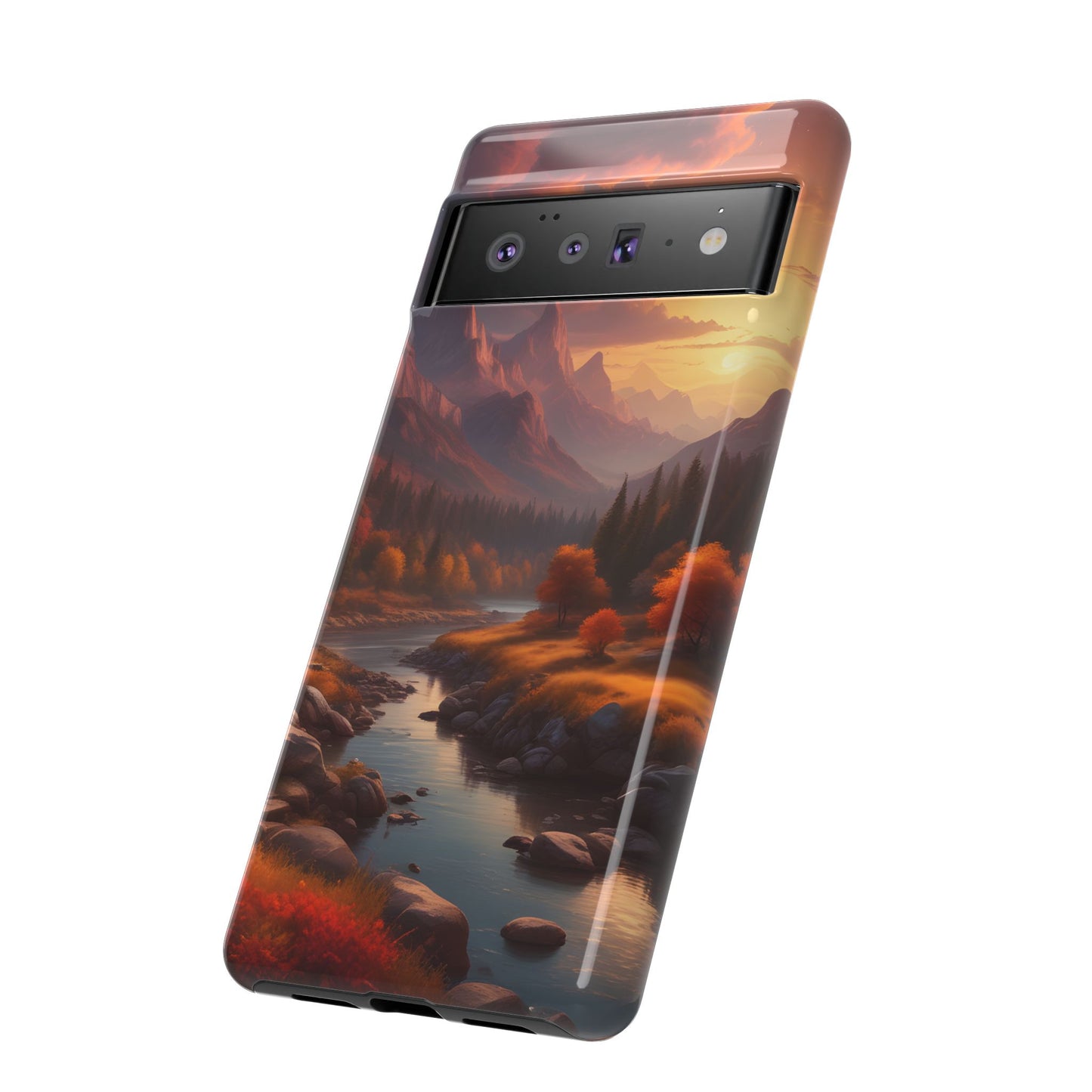 Carcasa para teléfono con diseño de atardecer otoñal en la montaña, regalo para amantes de la naturaleza, funda resistente para teléfono, accesorio para aventuras al aire libre, funda con arte paisajístico.