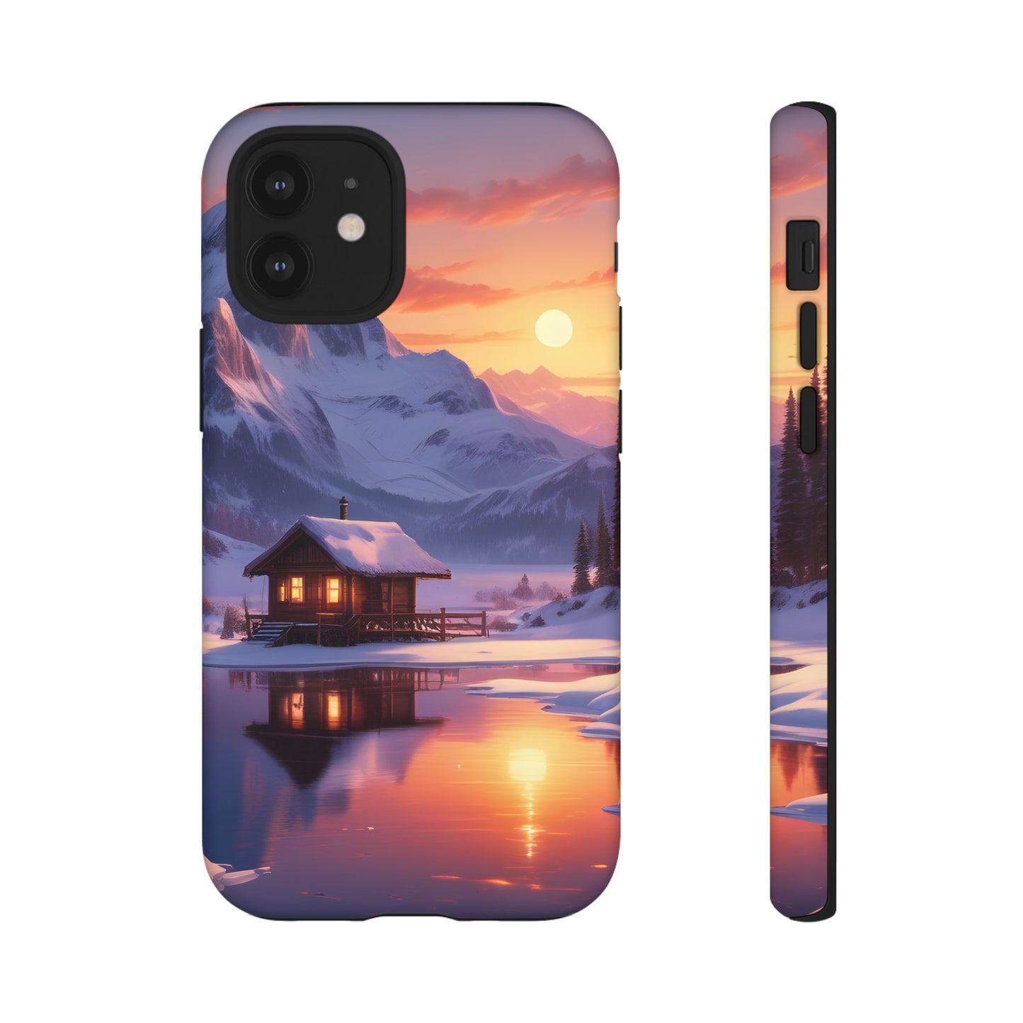 Carcasa para teléfono con diseño de cabaña en la montaña nevada, fundas resistentes para amantes de la naturaleza, cubierta de teléfono con paisaje pintoresco, regalo para excursionistas, accesorio para aventuras al aire libre.