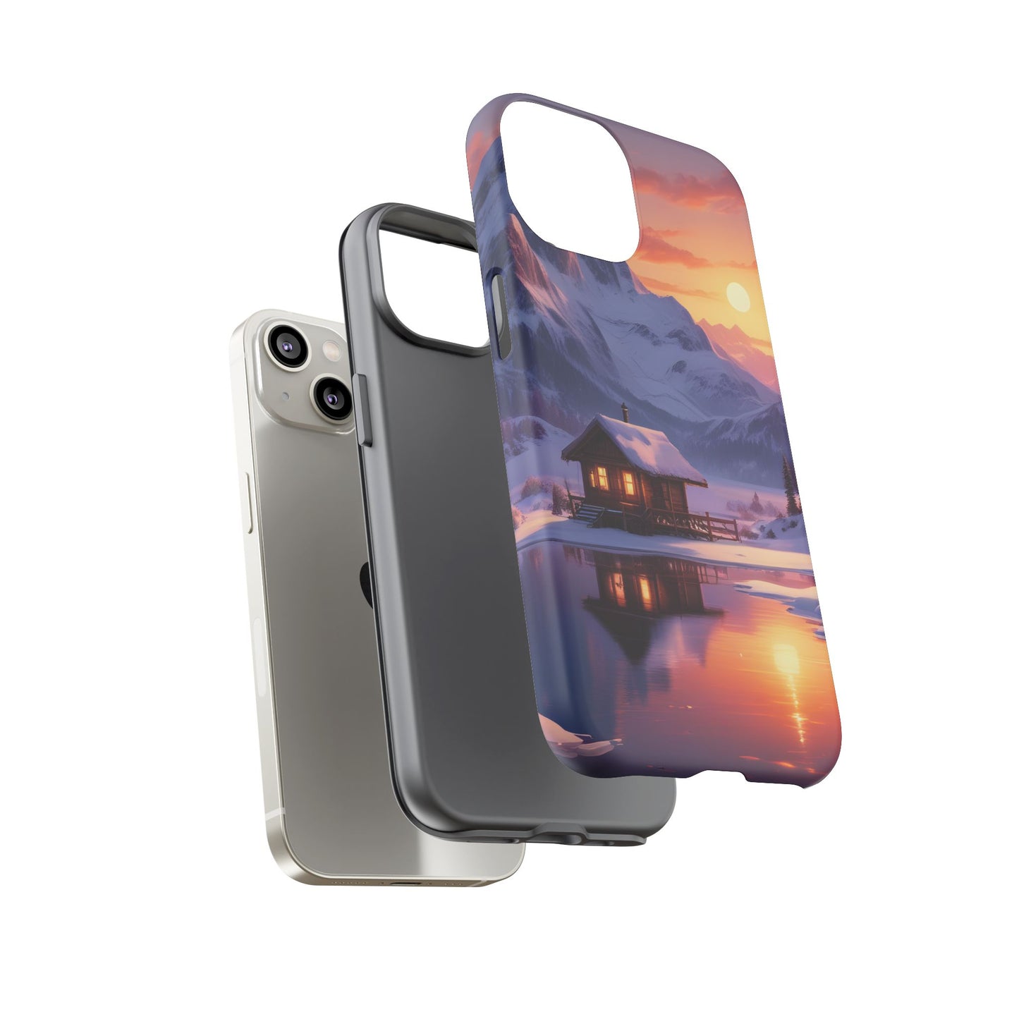 Carcasa para teléfono con diseño de cabaña en la montaña nevada, fundas resistentes para amantes de la naturaleza, cubierta de teléfono con paisaje pintoresco, regalo para excursionistas, accesorio para aventuras al aire libre.