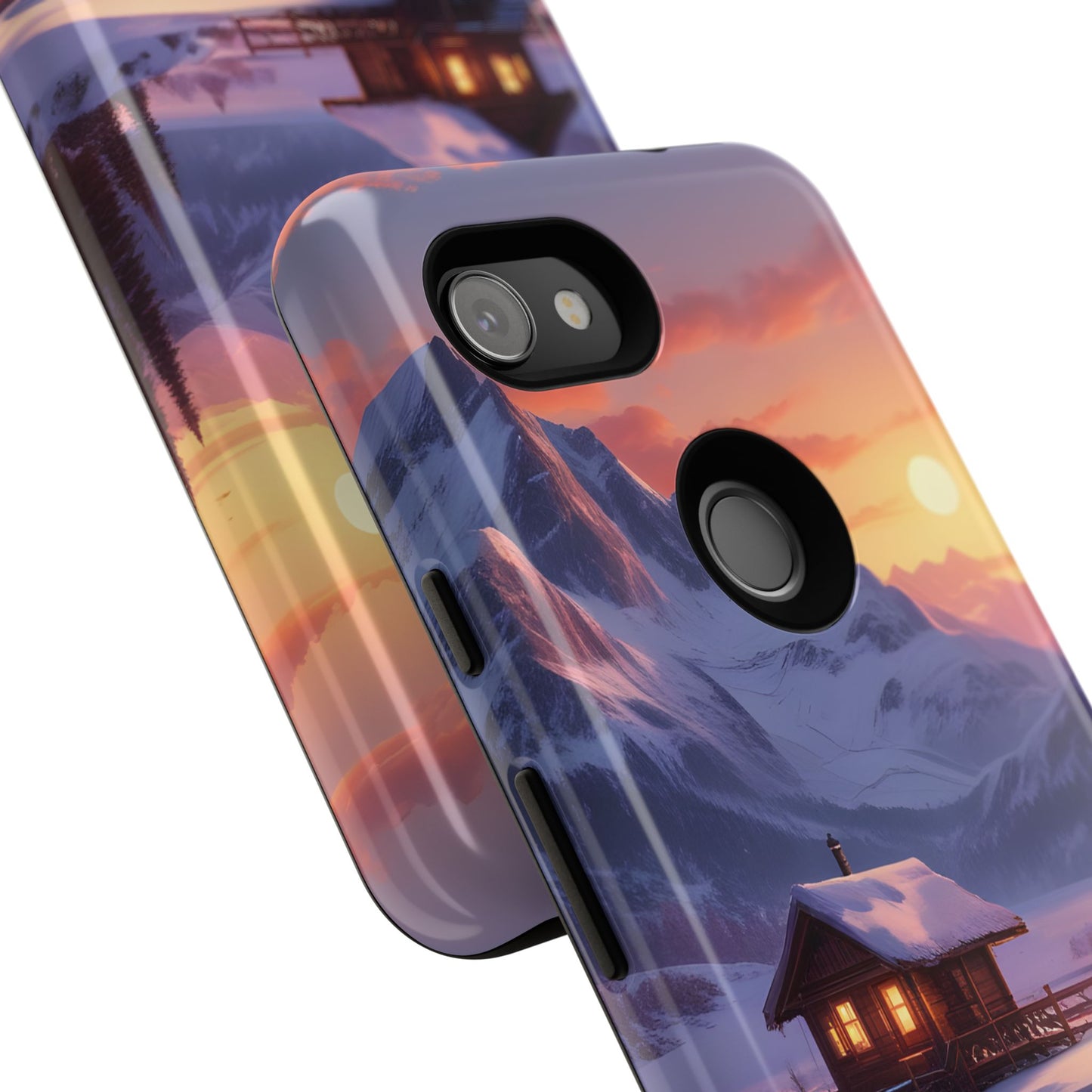 Carcasa para teléfono con diseño de cabaña en la montaña nevada, fundas resistentes para amantes de la naturaleza, cubierta de teléfono con paisaje pintoresco, regalo para excursionistas, accesorio para aventuras al aire libre.