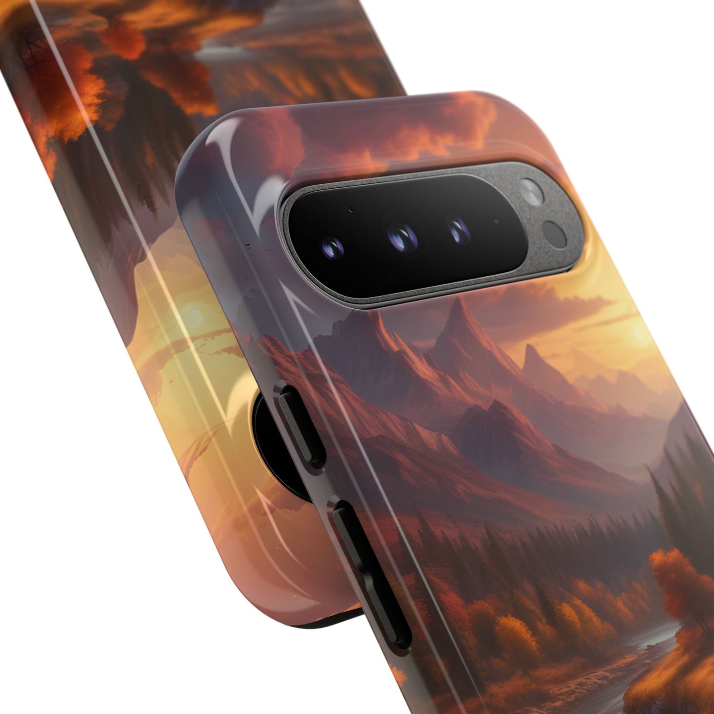 Carcasa para teléfono con diseño de atardecer otoñal en la montaña, regalo para amantes de la naturaleza, funda resistente para teléfono, accesorio para aventuras al aire libre, funda con arte paisajístico.
