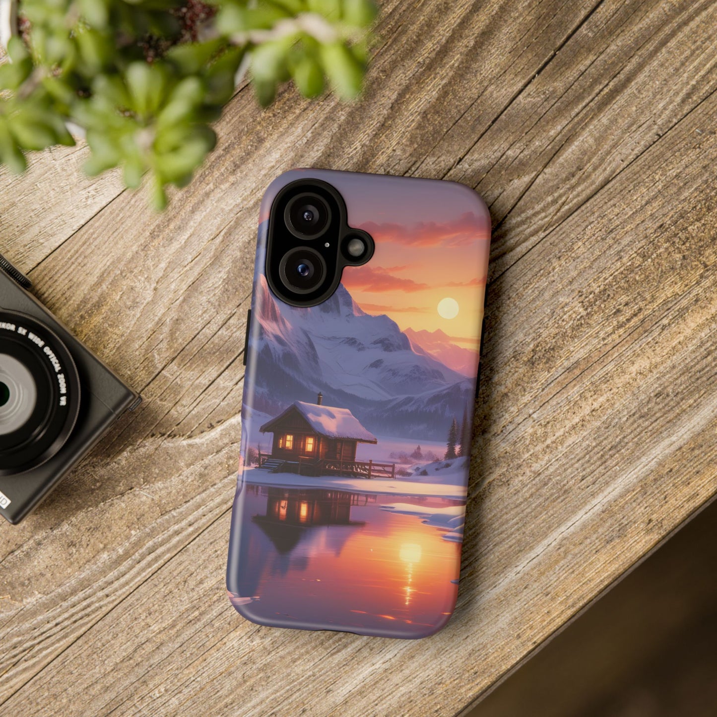 Carcasa para teléfono con diseño de cabaña en la montaña nevada, fundas resistentes para amantes de la naturaleza, cubierta de teléfono con paisaje pintoresco, regalo para excursionistas, accesorio para aventuras al aire libre.