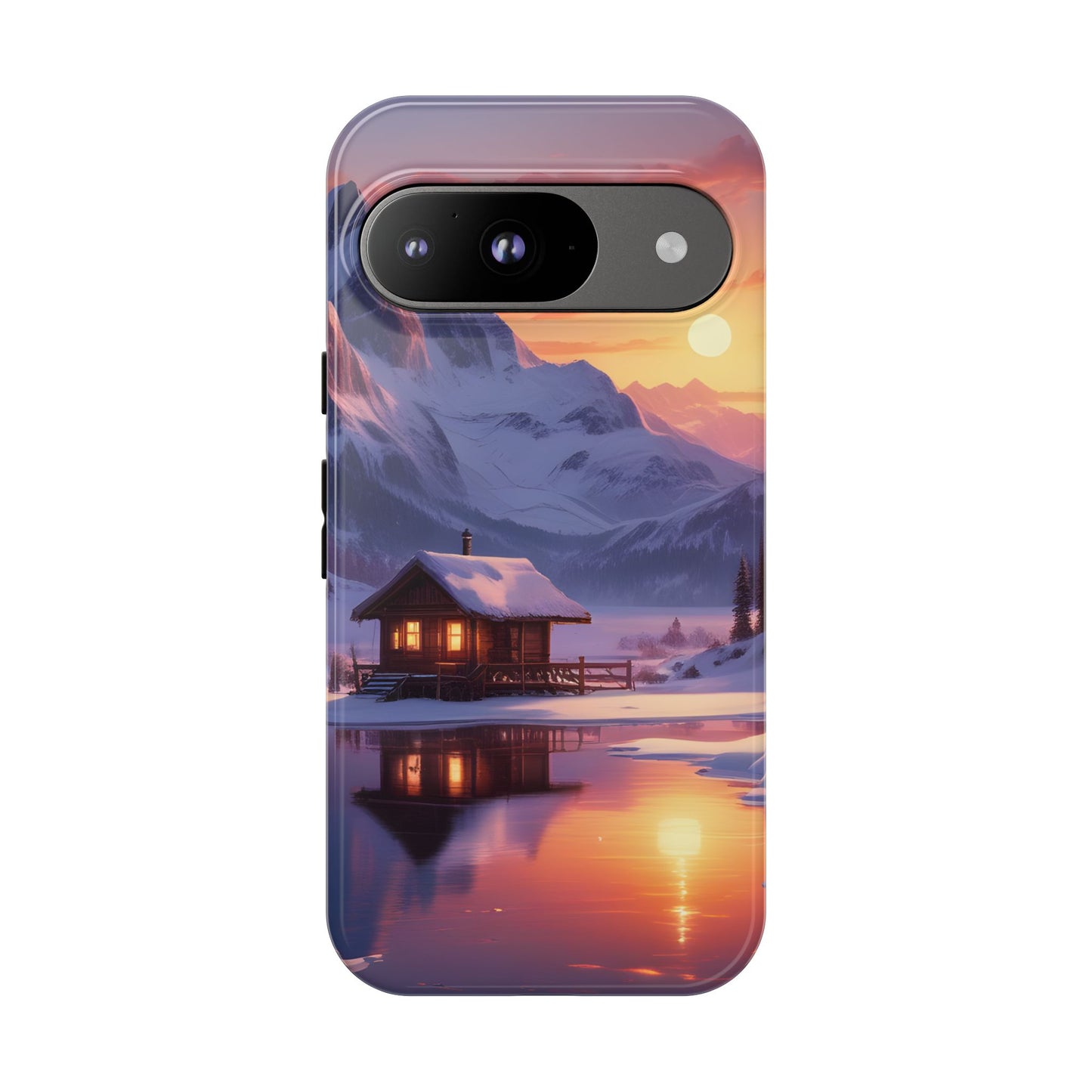 Carcasa para teléfono con diseño de cabaña en la montaña nevada, fundas resistentes para amantes de la naturaleza, cubierta de teléfono con paisaje pintoresco, regalo para excursionistas, accesorio para aventuras al aire libre.