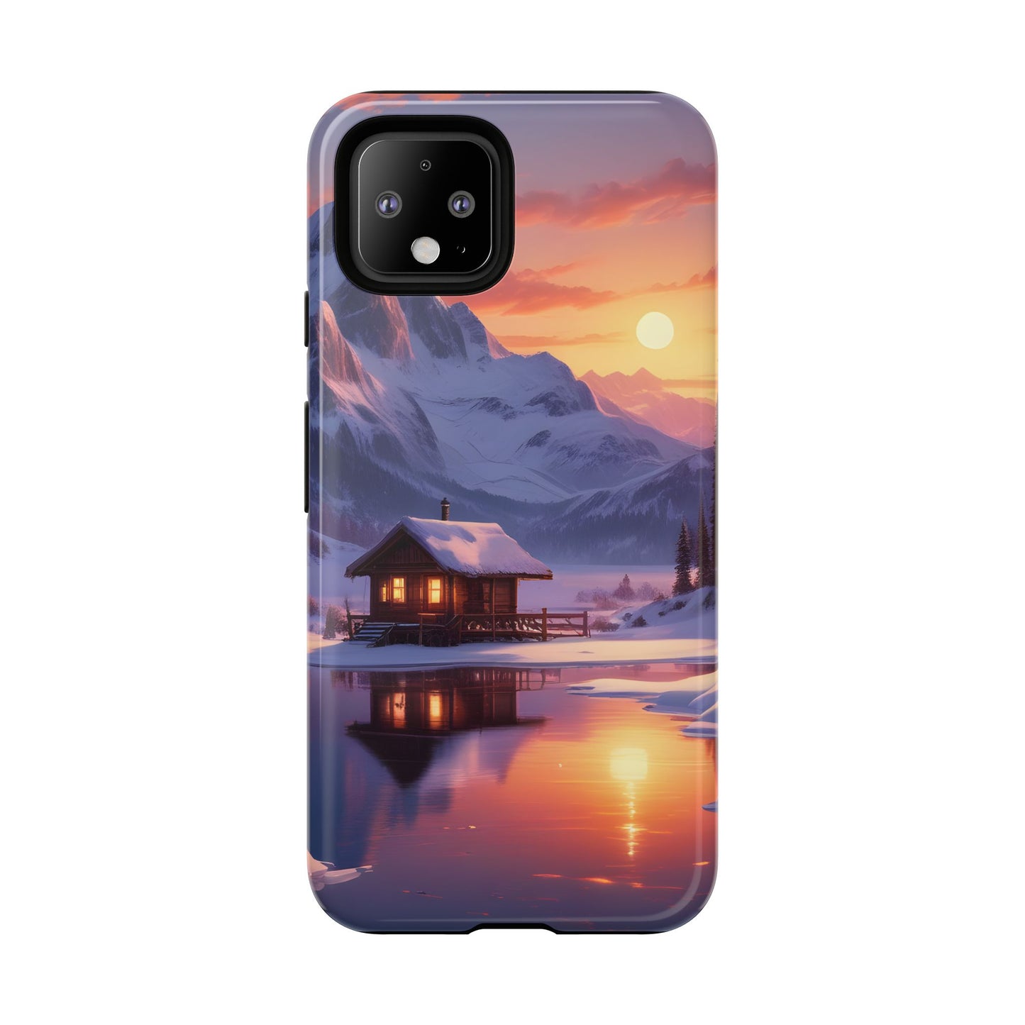 Carcasa para teléfono con diseño de cabaña en la montaña nevada, fundas resistentes para amantes de la naturaleza, cubierta de teléfono con paisaje pintoresco, regalo para excursionistas, accesorio para aventuras al aire libre.