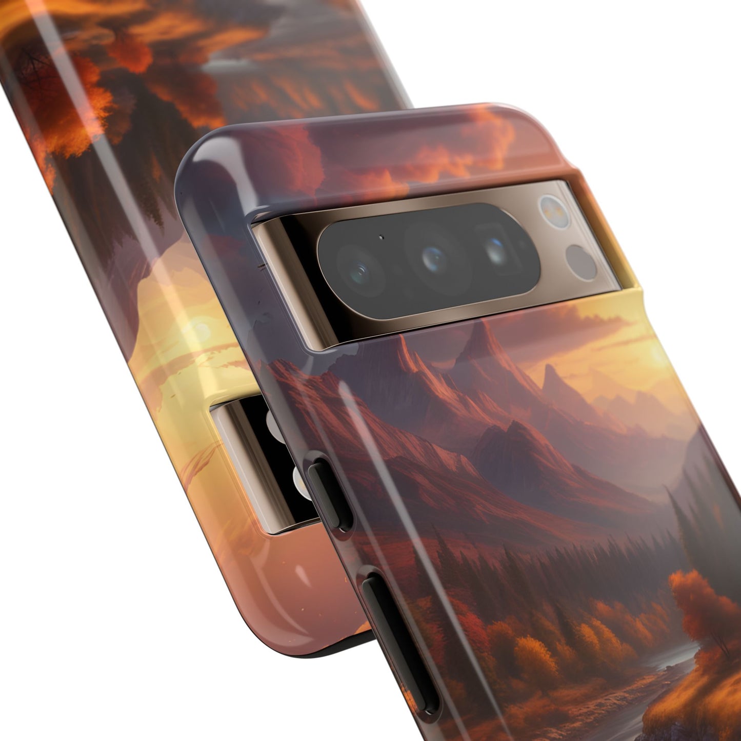 Carcasa para teléfono con diseño de atardecer otoñal en la montaña, regalo para amantes de la naturaleza, funda resistente para teléfono, accesorio para aventuras al aire libre, funda con arte paisajístico.