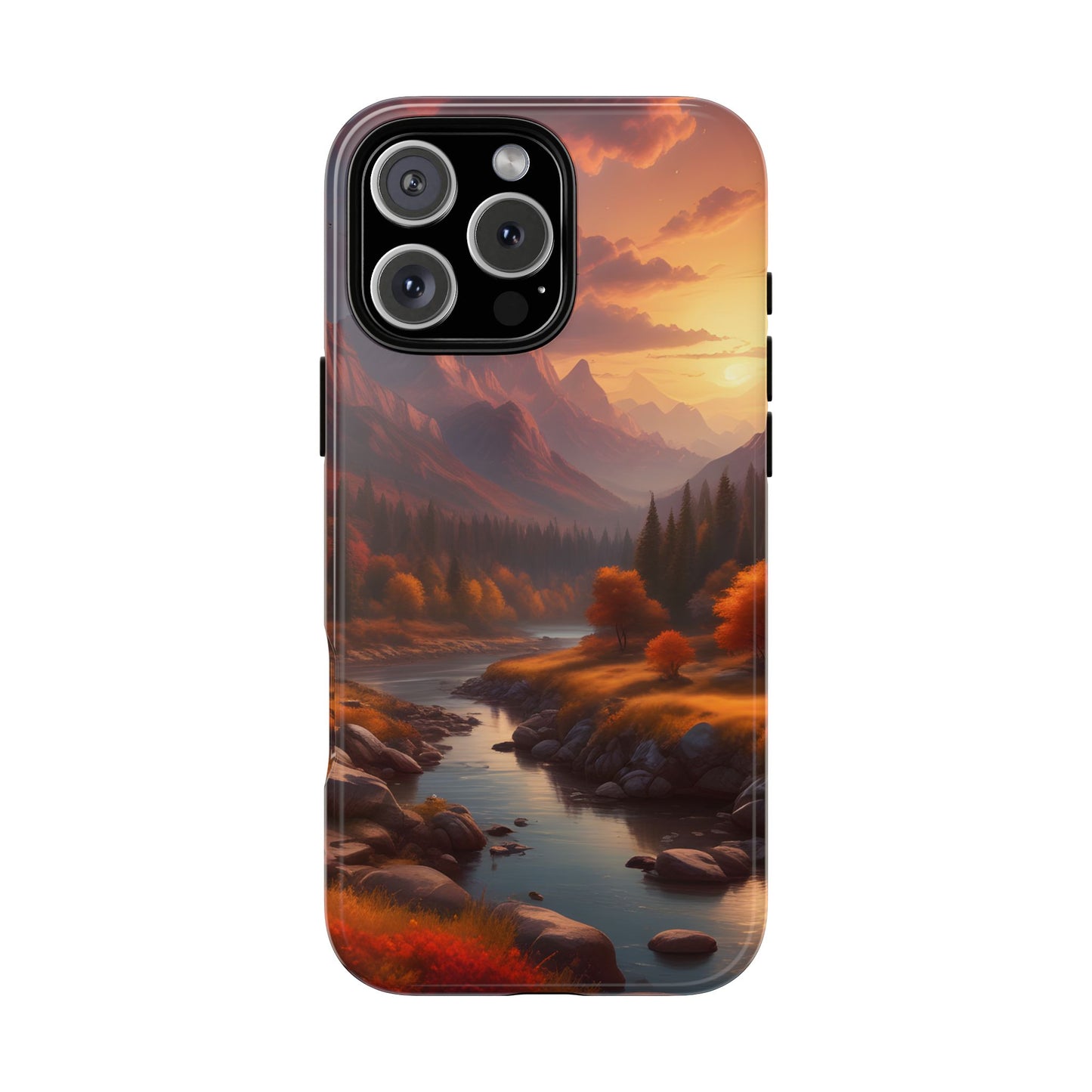Carcasa para teléfono con diseño de atardecer otoñal en la montaña, regalo para amantes de la naturaleza, funda resistente para teléfono, accesorio para aventuras al aire libre, funda con arte paisajístico.